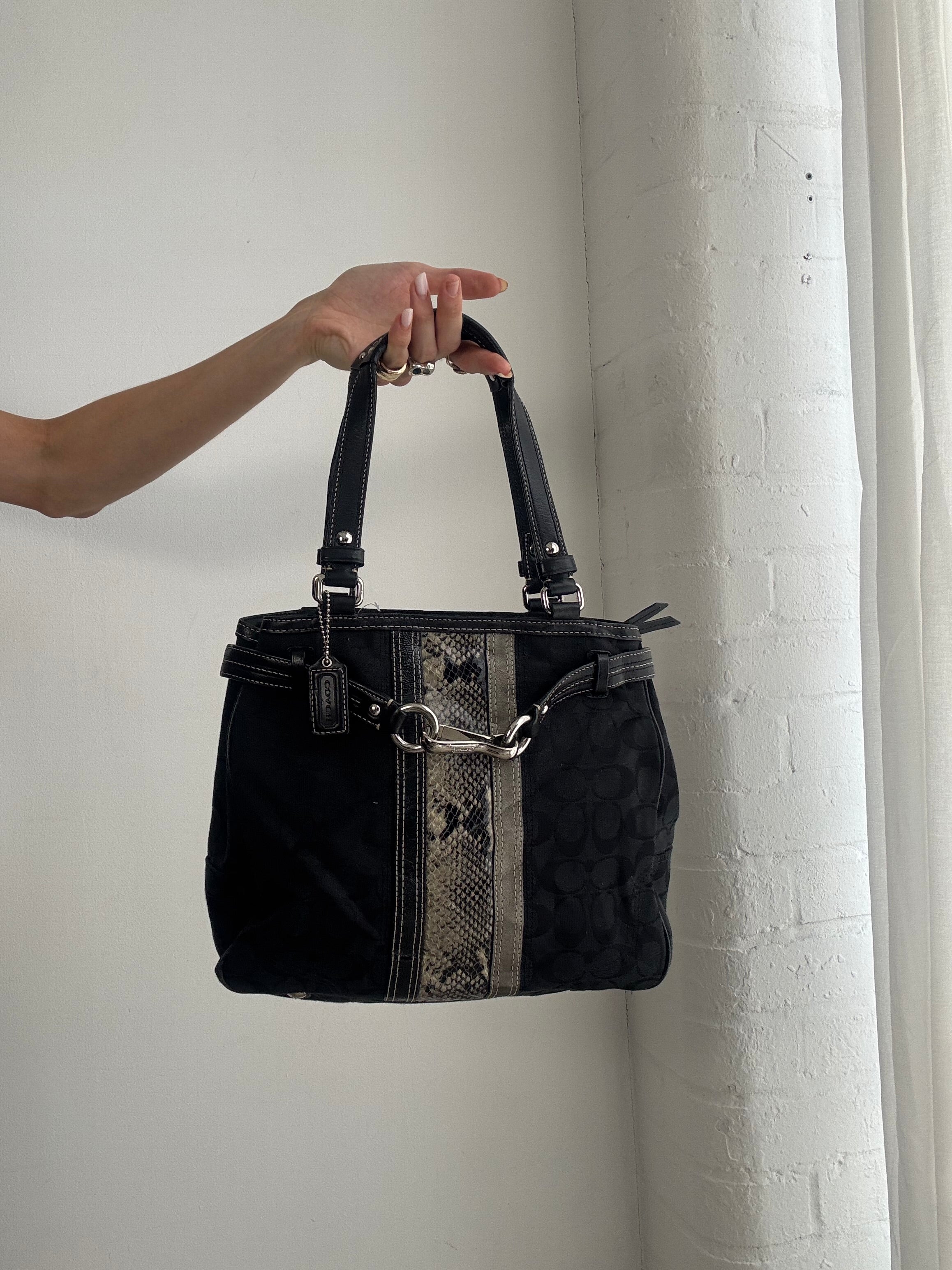 Vintage Y2K Coach Signature Canvas Shoulder Bag – Black Monogram & Python Stripe Tote
