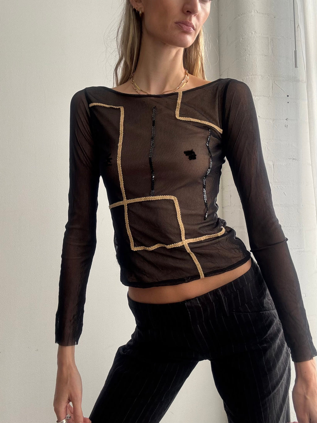 Vintage Y2K sheer mesh long sleeve top black sequin