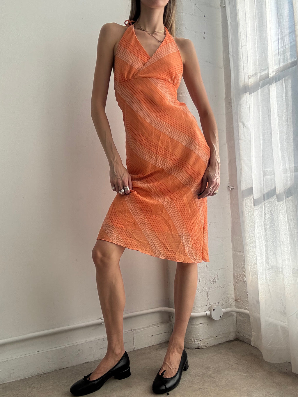 Vintage Y2k Orange Stripe Halter Neck Mesh Mid Dress Summer