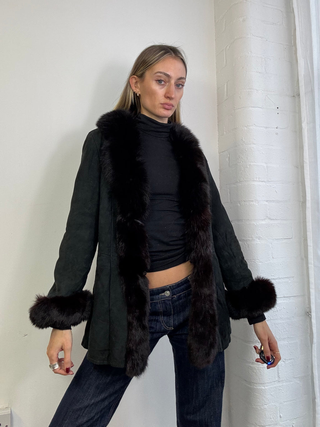Vintage 90s black sheepskin coat with fox fur trim