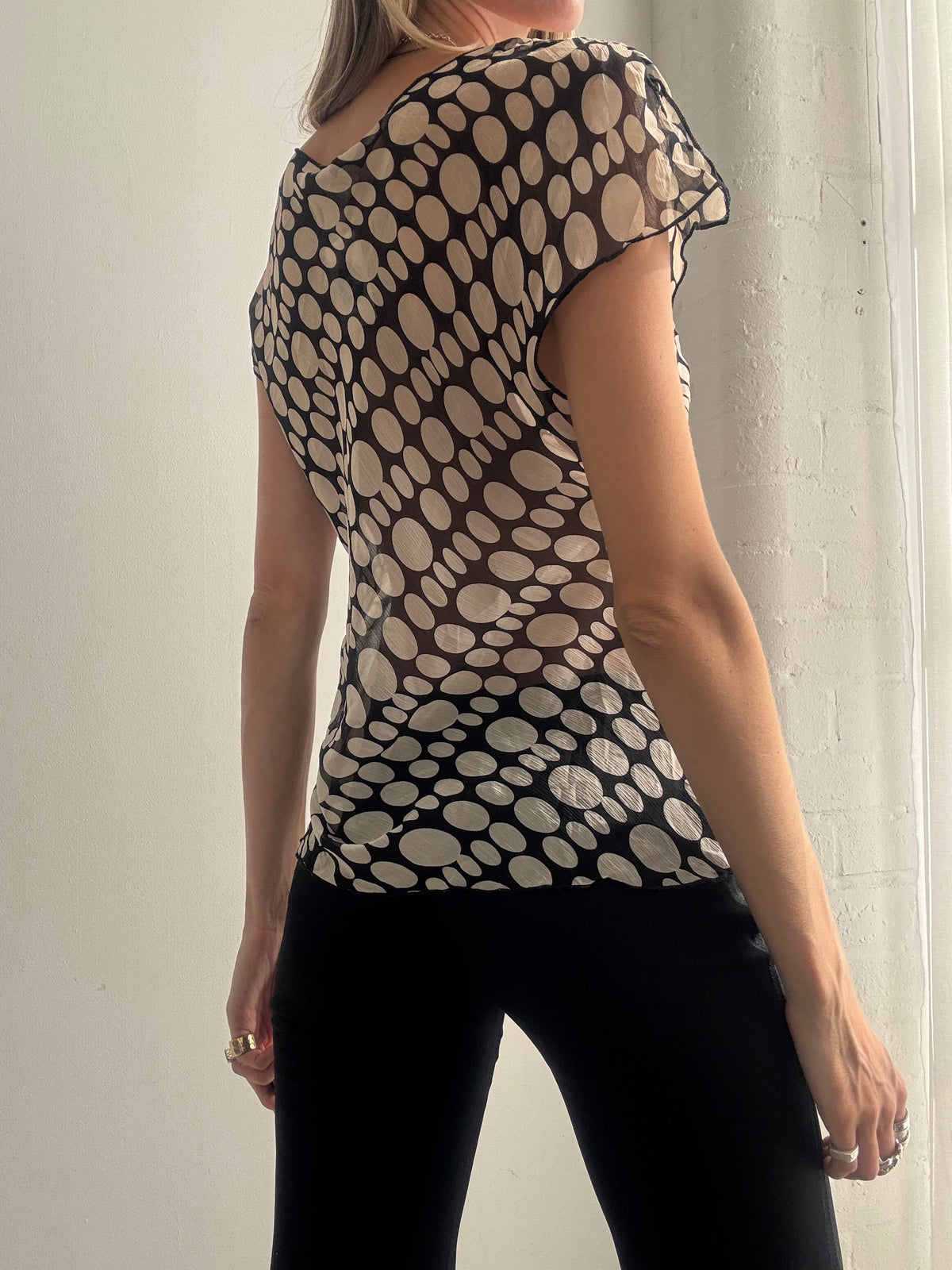 Vintage Y2K Black & Cream Polka Dot Mesh Top - Size S