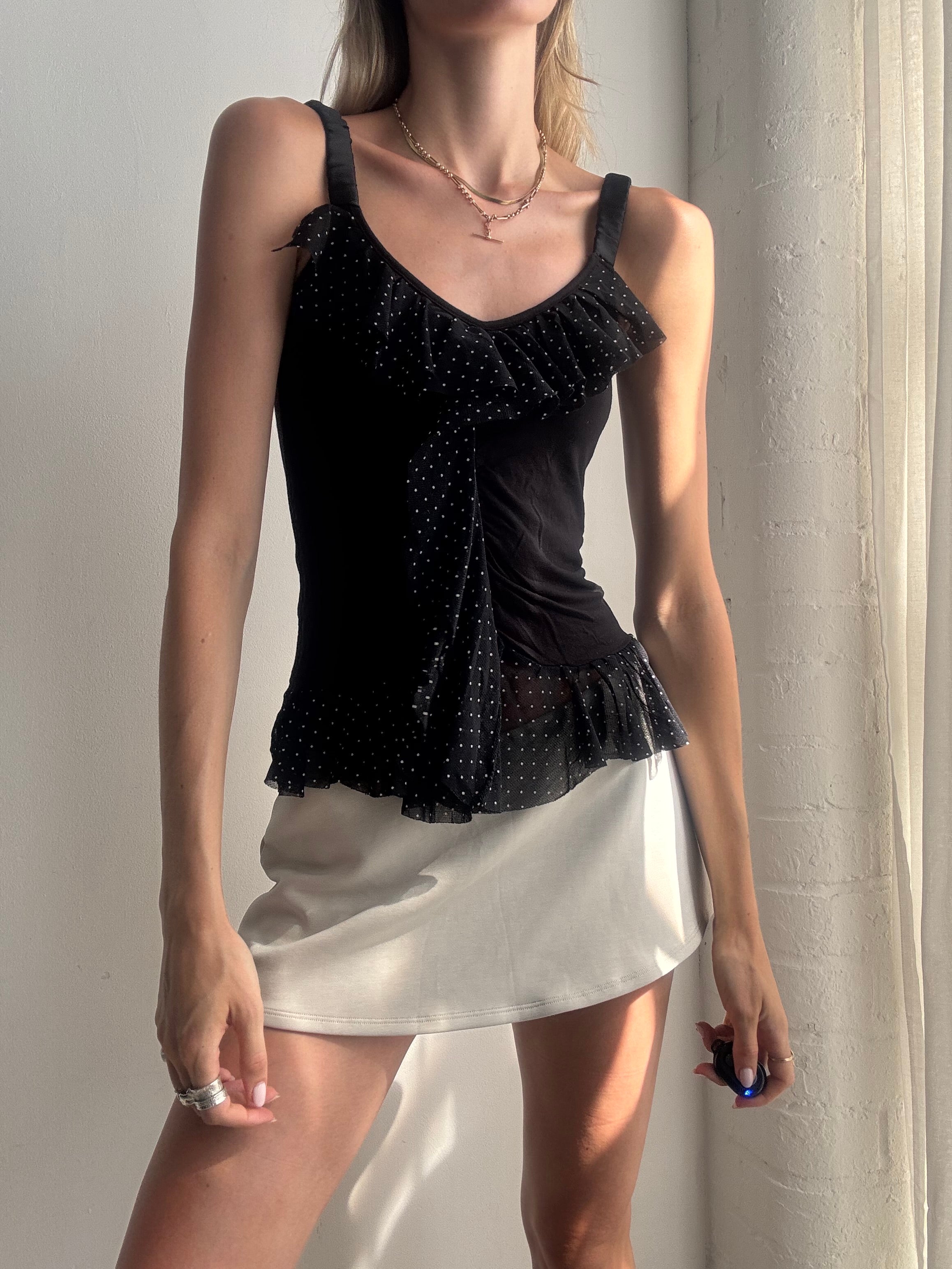 Vintage Y2K Black Polka Dot Ruffle Cami Top - Size XS/S