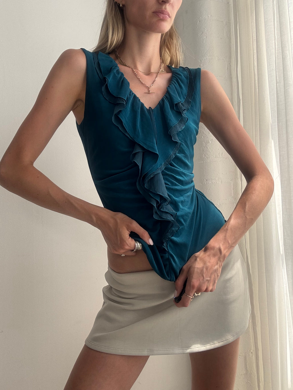 Vintage Y2K Teal Ruffle Sleeveless Top - Size S