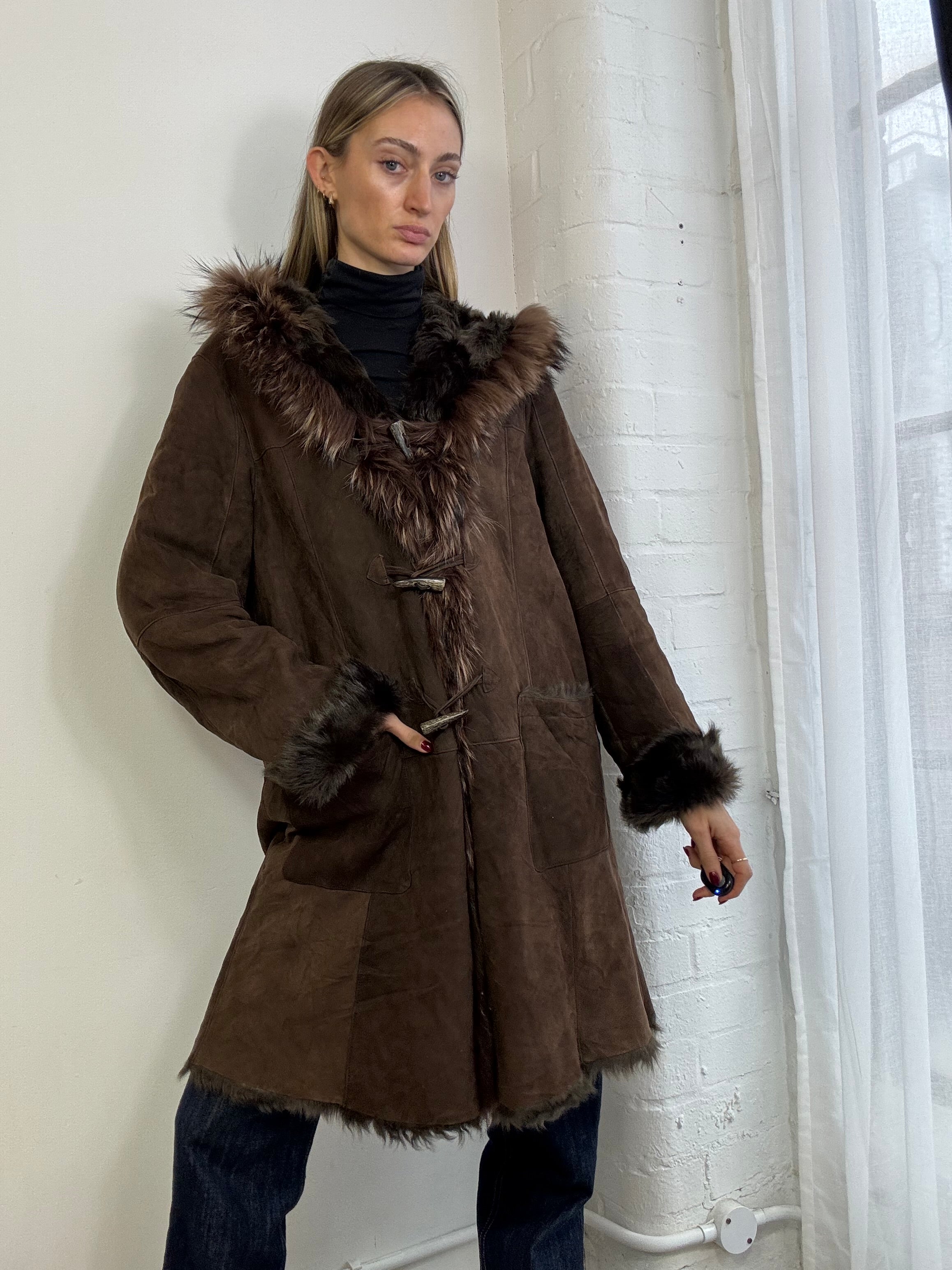 Vintage Y2K sheepskin hooded coat brown