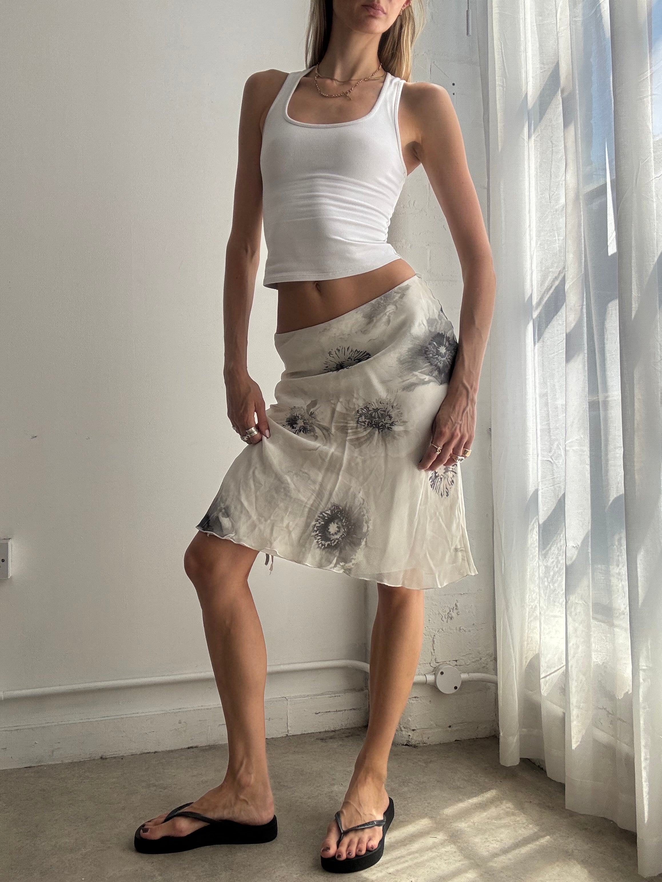 Vintage Y2k White Floral Mesh Midi Skirt - Size XS