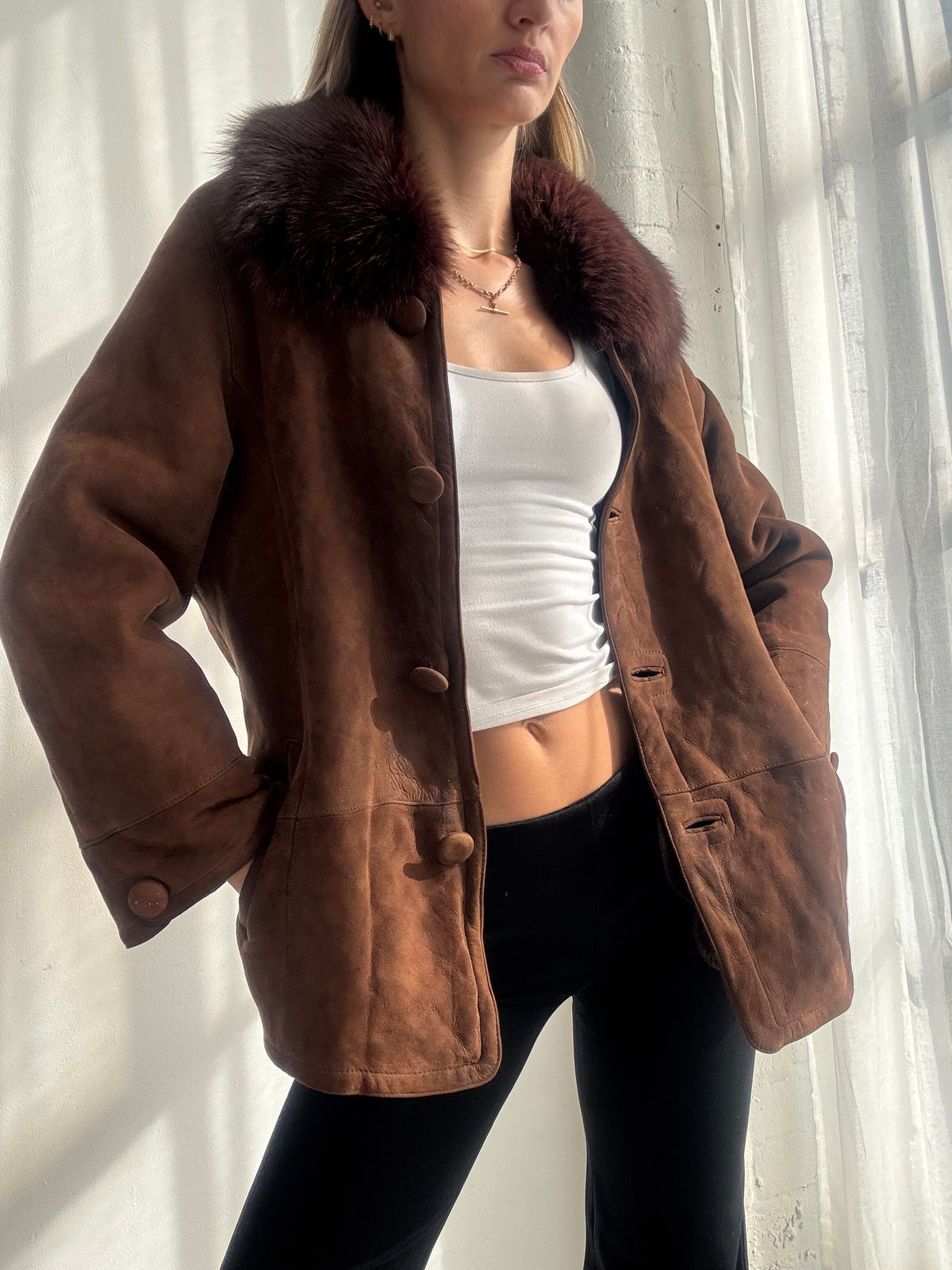 Vintage Y2K Brown Suede Jacket with Fox Fur Collar - Size S