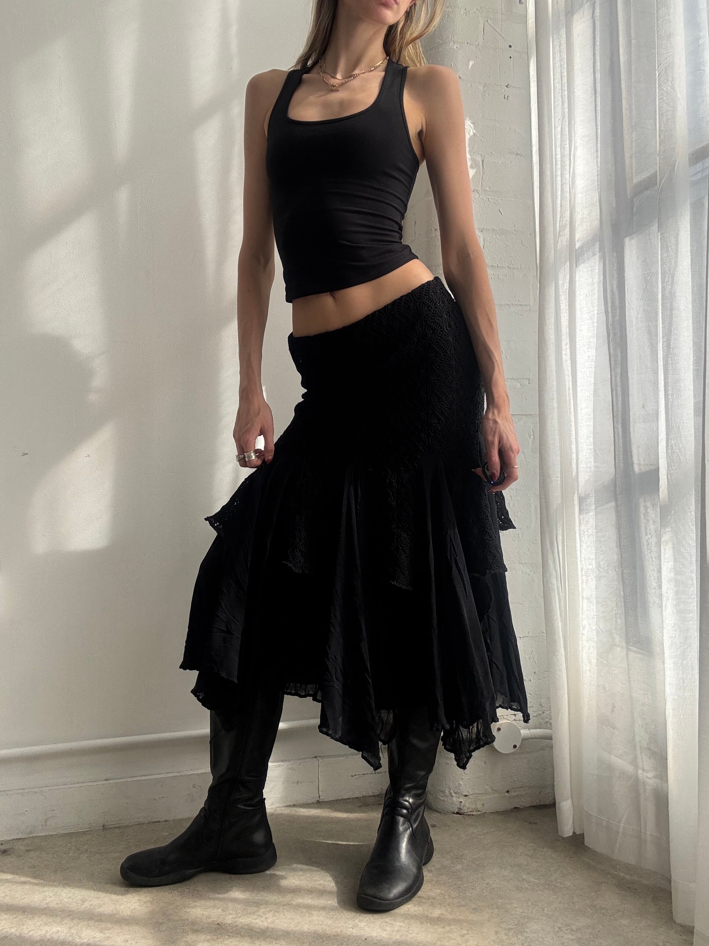 Vintage Y2K black crochet tiered ruffle midi skirt
