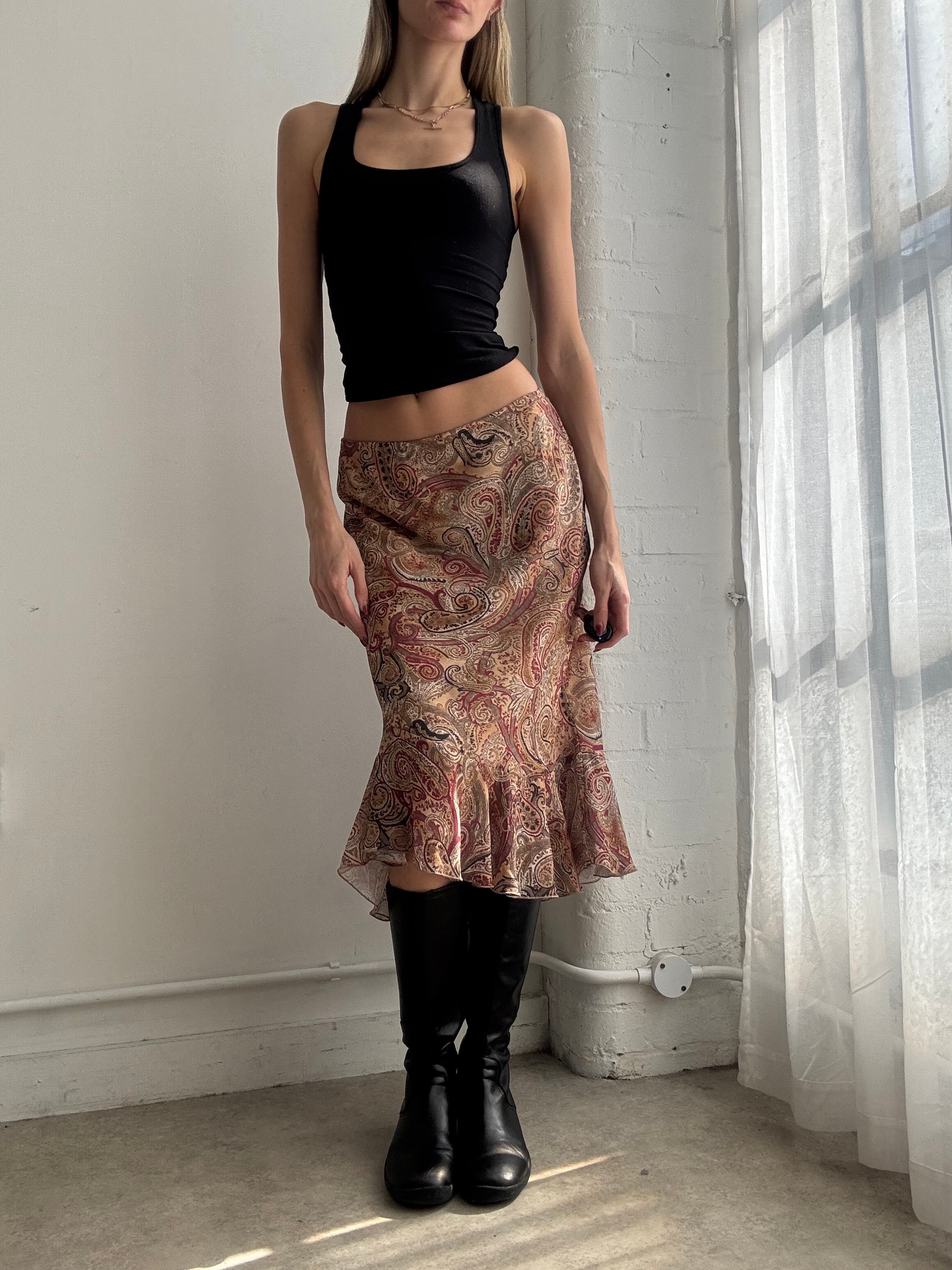 Vintage Y2K brown paisley mesh midi skirt