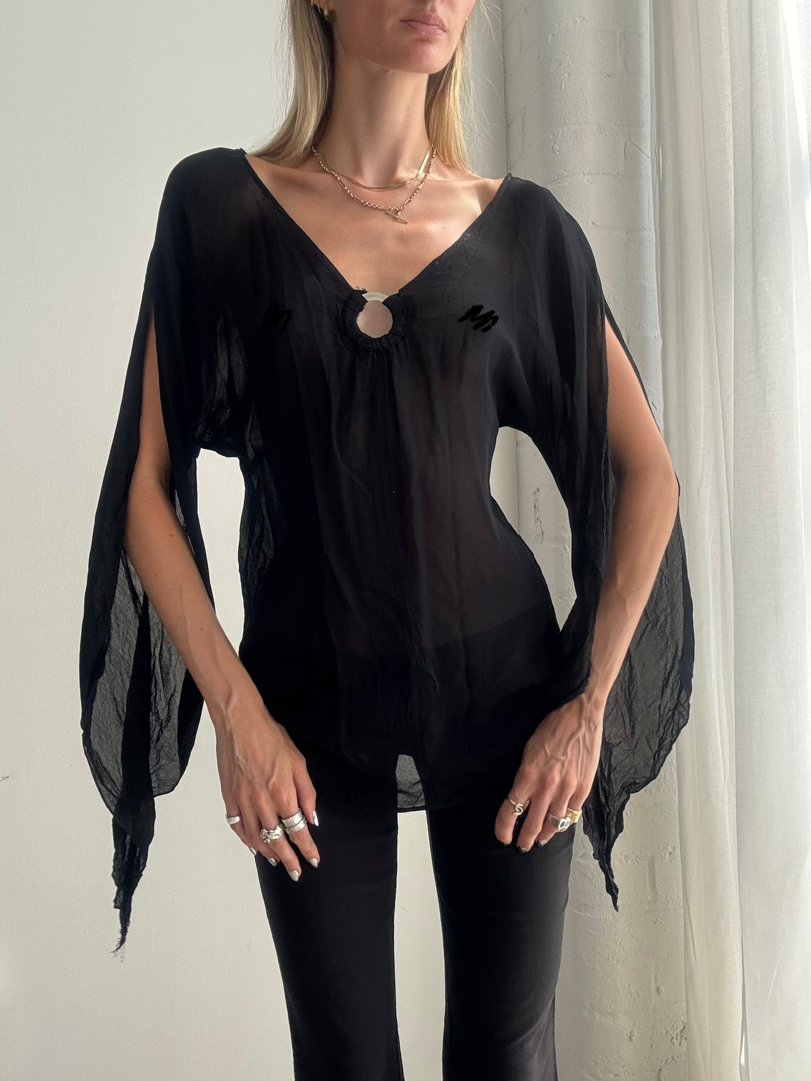 Vintage Y2K Black Sheer O-ring Top – Floaty Chiffon Long Sleeve Blouse - Size M