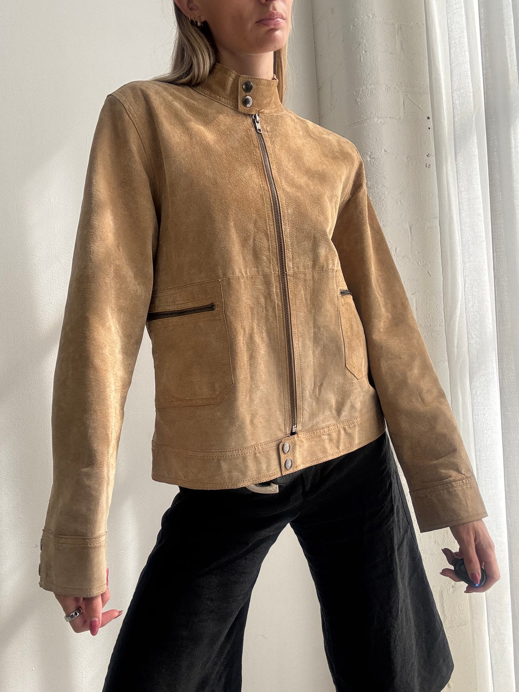 Vintage Y2K Tan Suede Biker Jacket - Size M/L