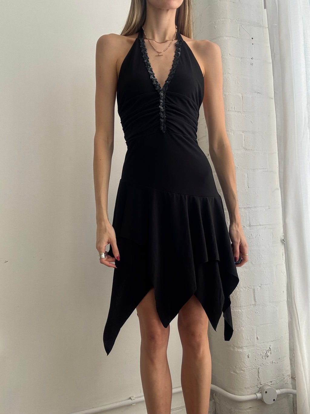 Vintage Y2K black halter asymmetric midi dress
