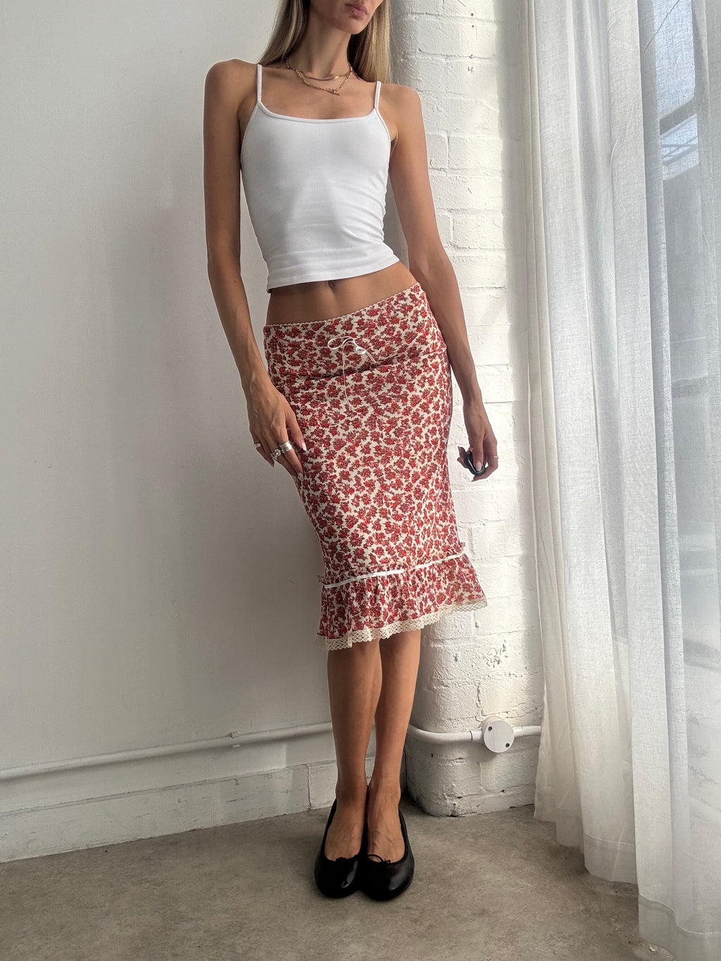 Vintage Y2K Floral Ruffle Hem Midi Skirt - Size M