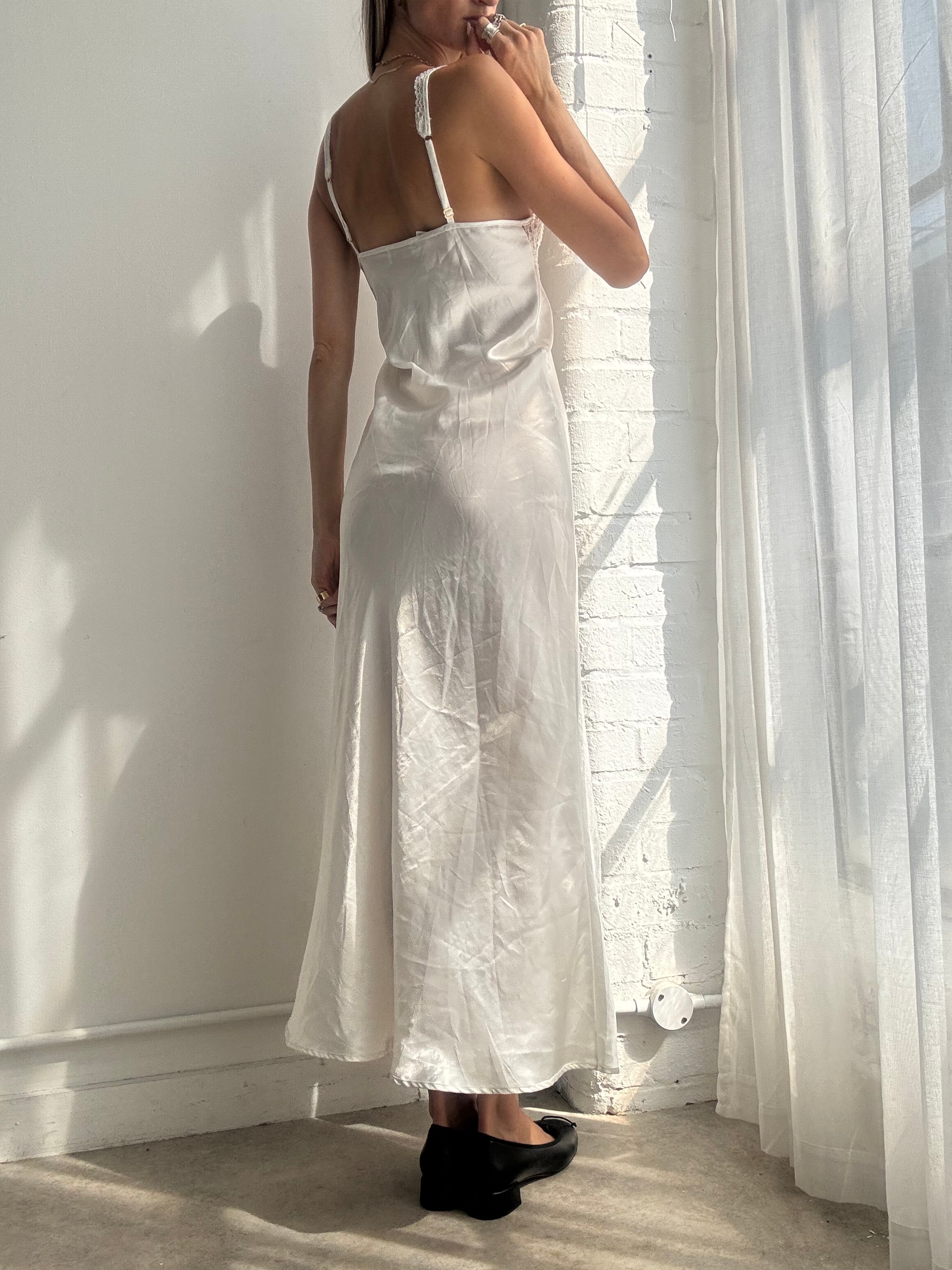 Vintage 90's Victoria's Secret Ivory Lace Trim Satin Maxi Slip Dress - Size M
