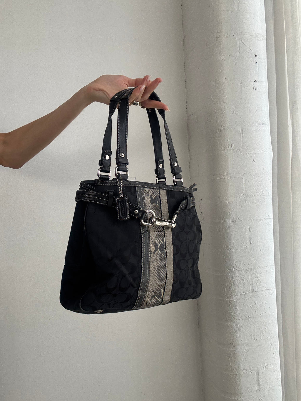 Vintage Y2K Coach Signature Canvas Shoulder Bag – Black Monogram & Python Stripe Tote