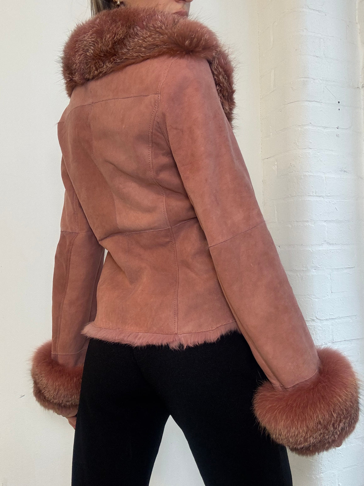 Vintage Y2K Morgan De Toi Dusty Pink Suede Fox Fur Trim Jacket - Size S