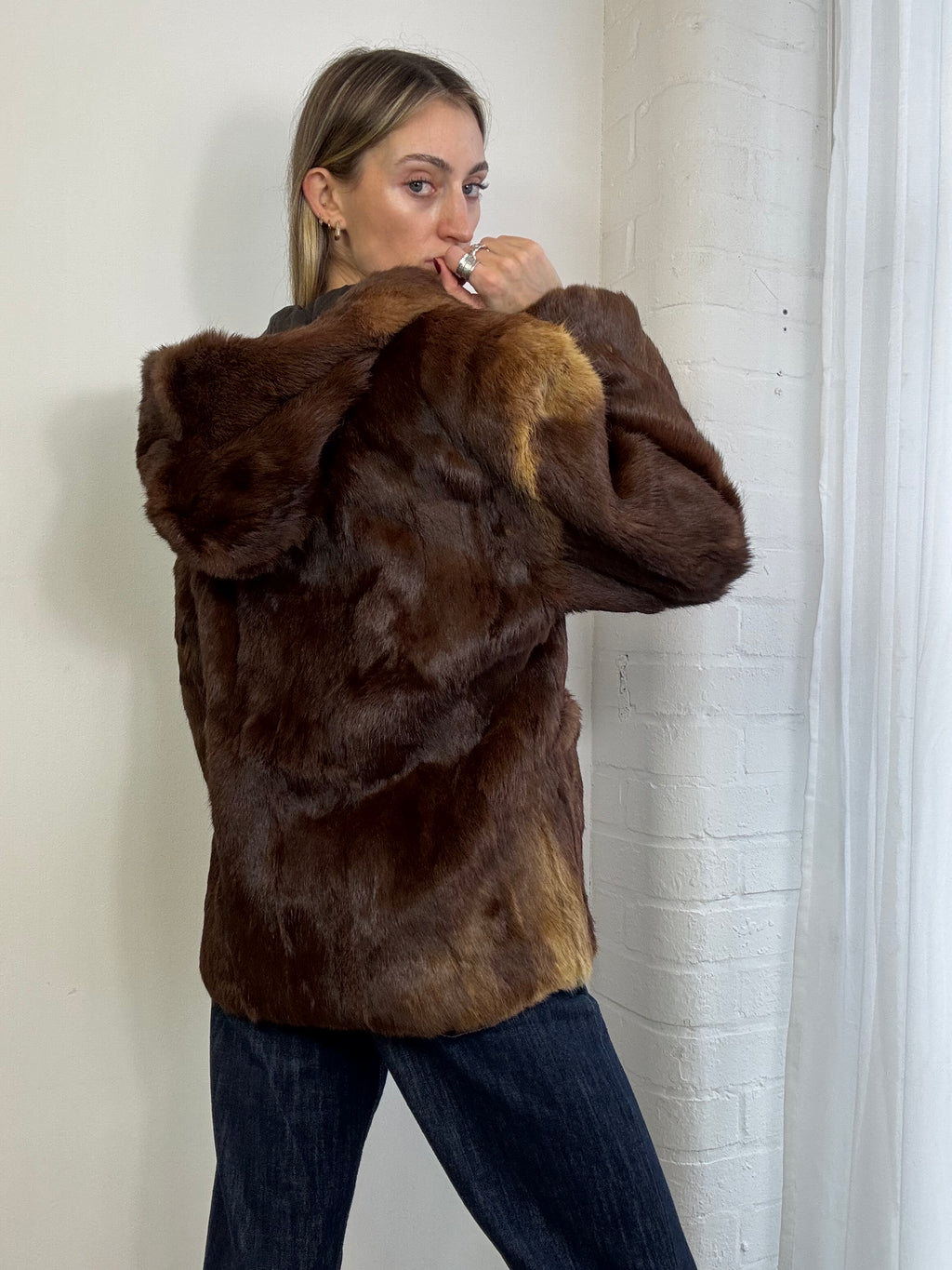 Vintage 90s brown fur hooded coat