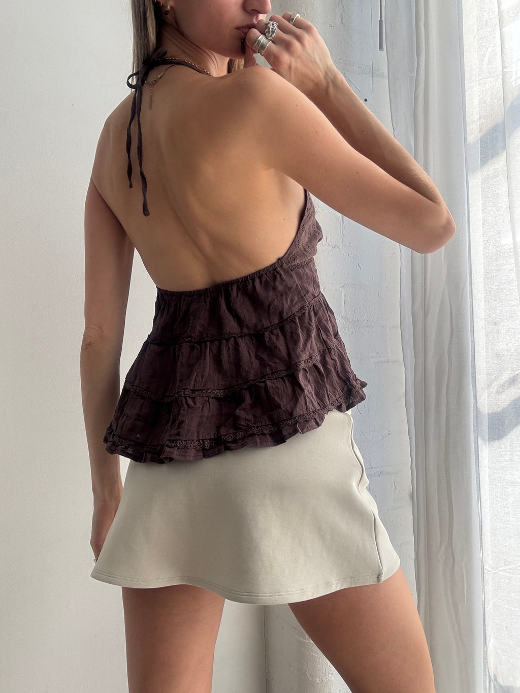 Vintage Y2K brown halter ruffle top - Size S