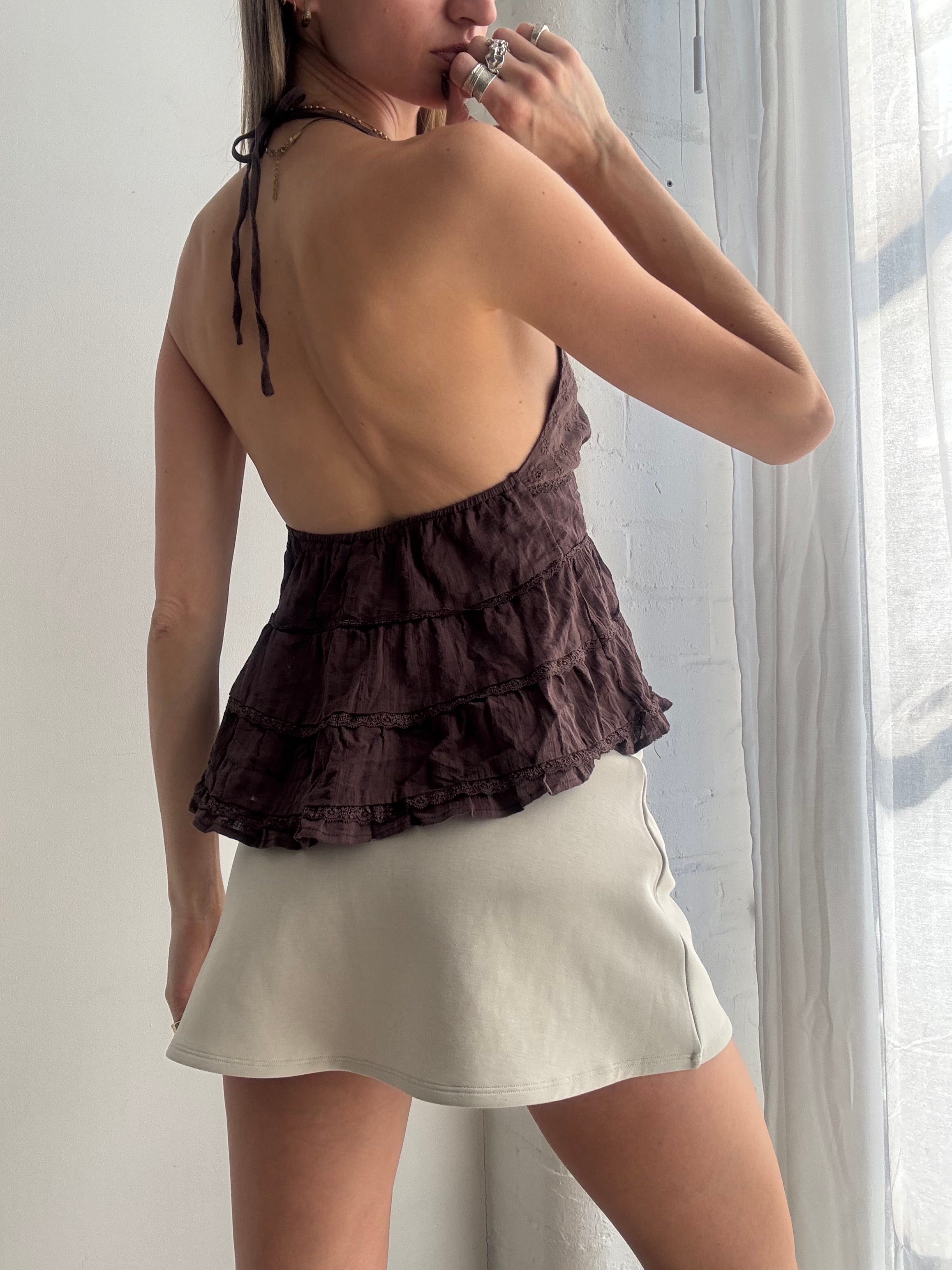 Vintage Y2K brown halter ruffle top - Size S