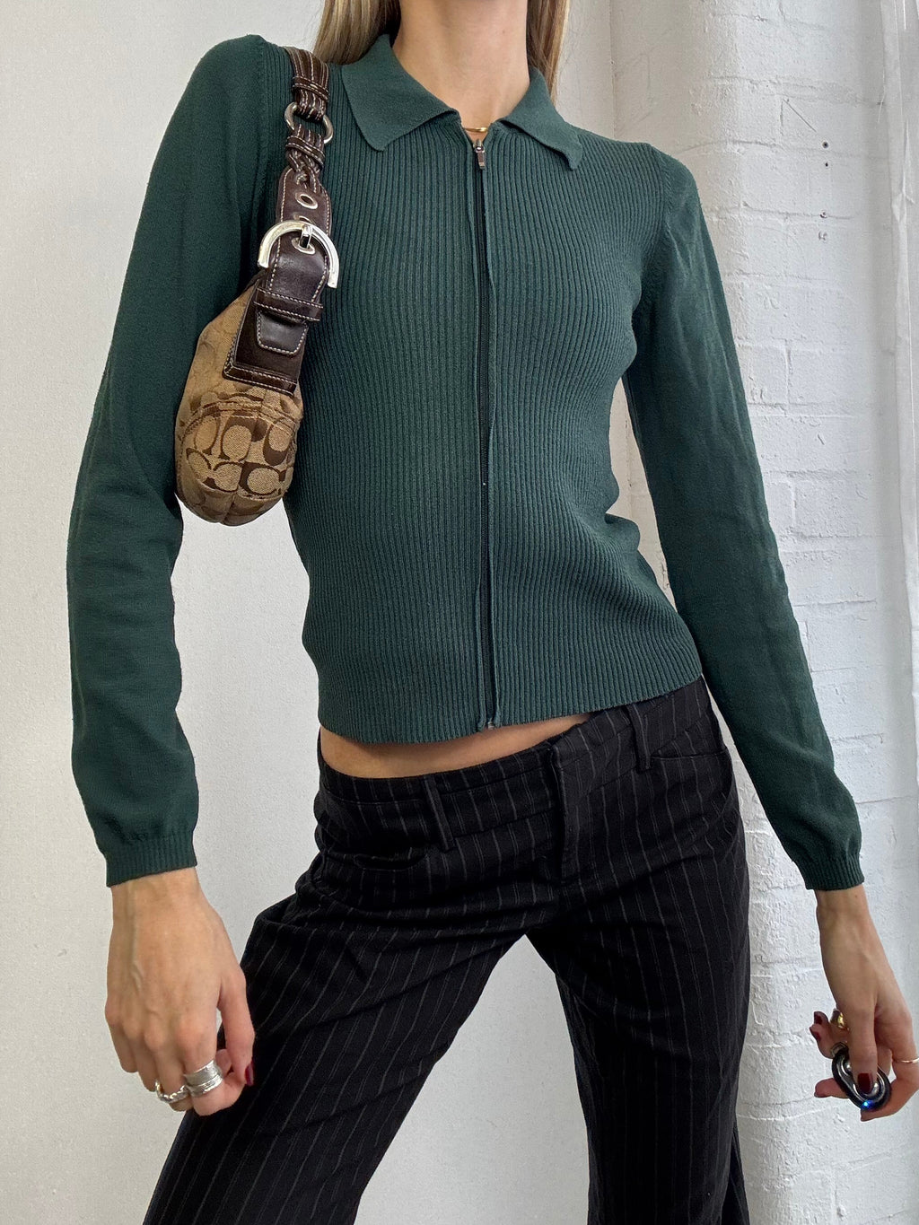 Vintage Y2K zip up ribbed jumper green