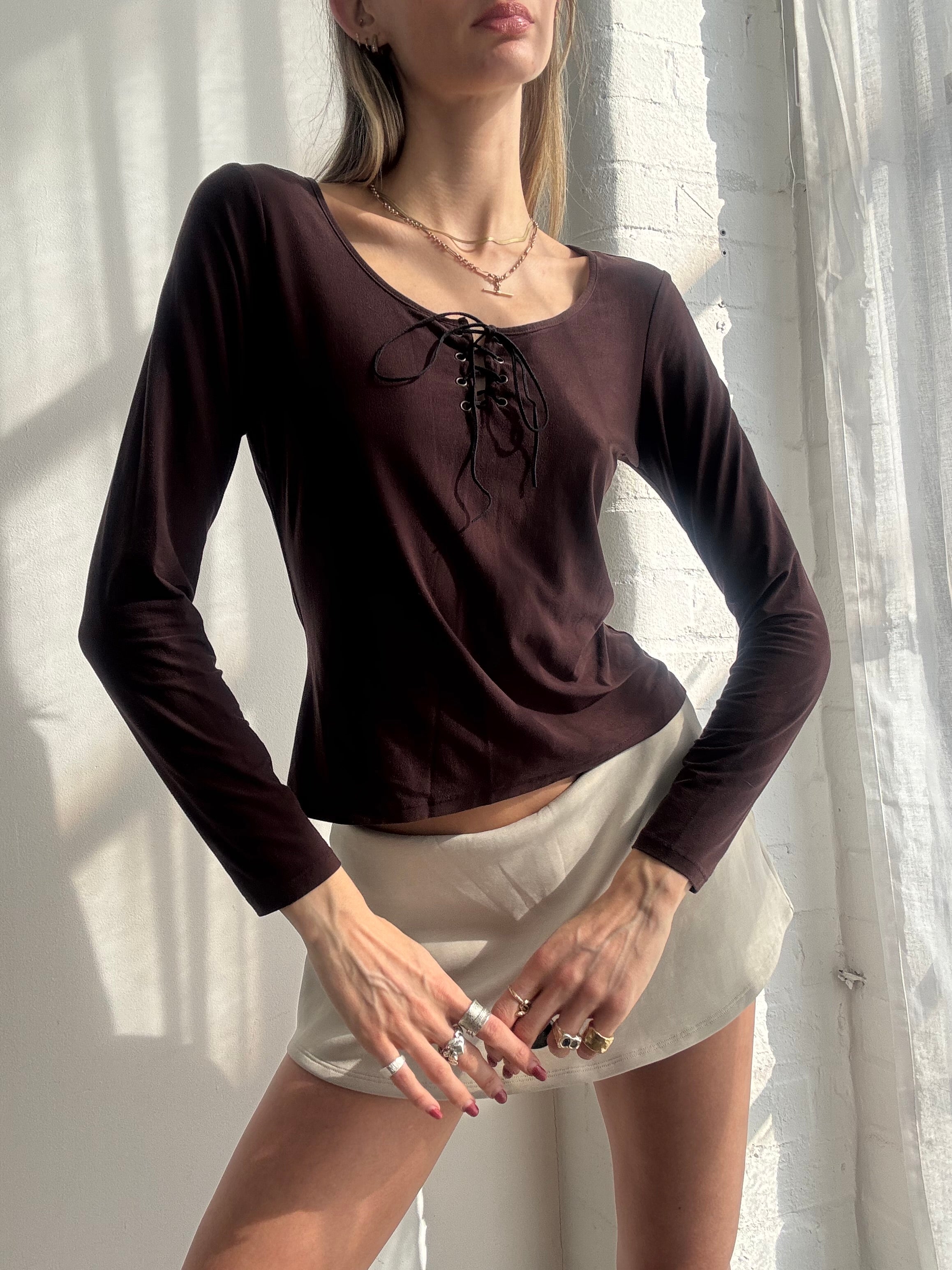 Vintage Y2K chocolate brown lace-up long sleeve top