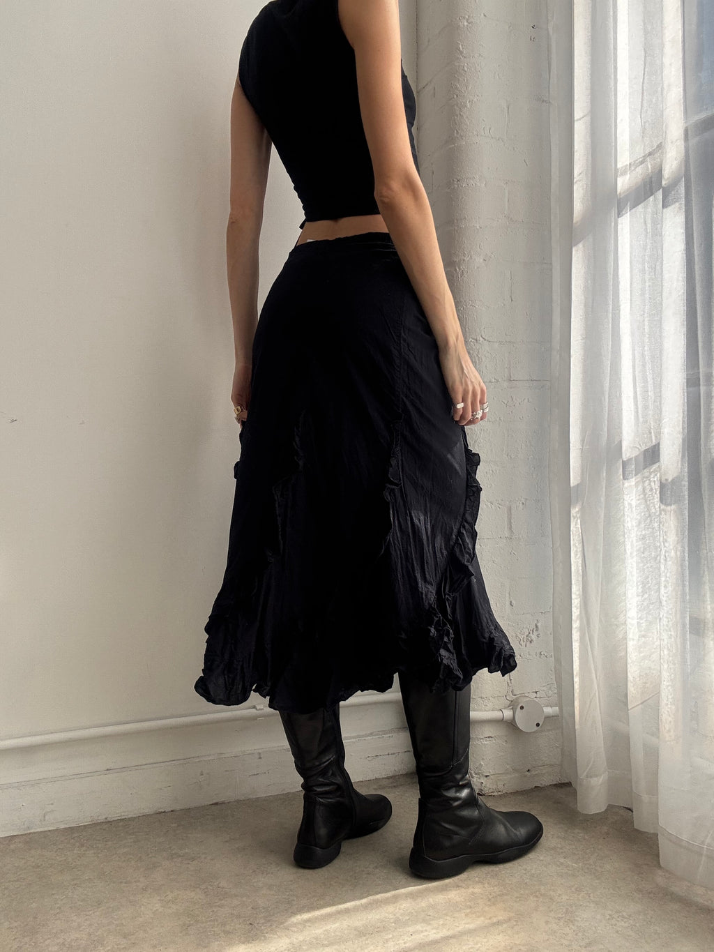 Vintage Y2K black ruffle cotton midi skirt