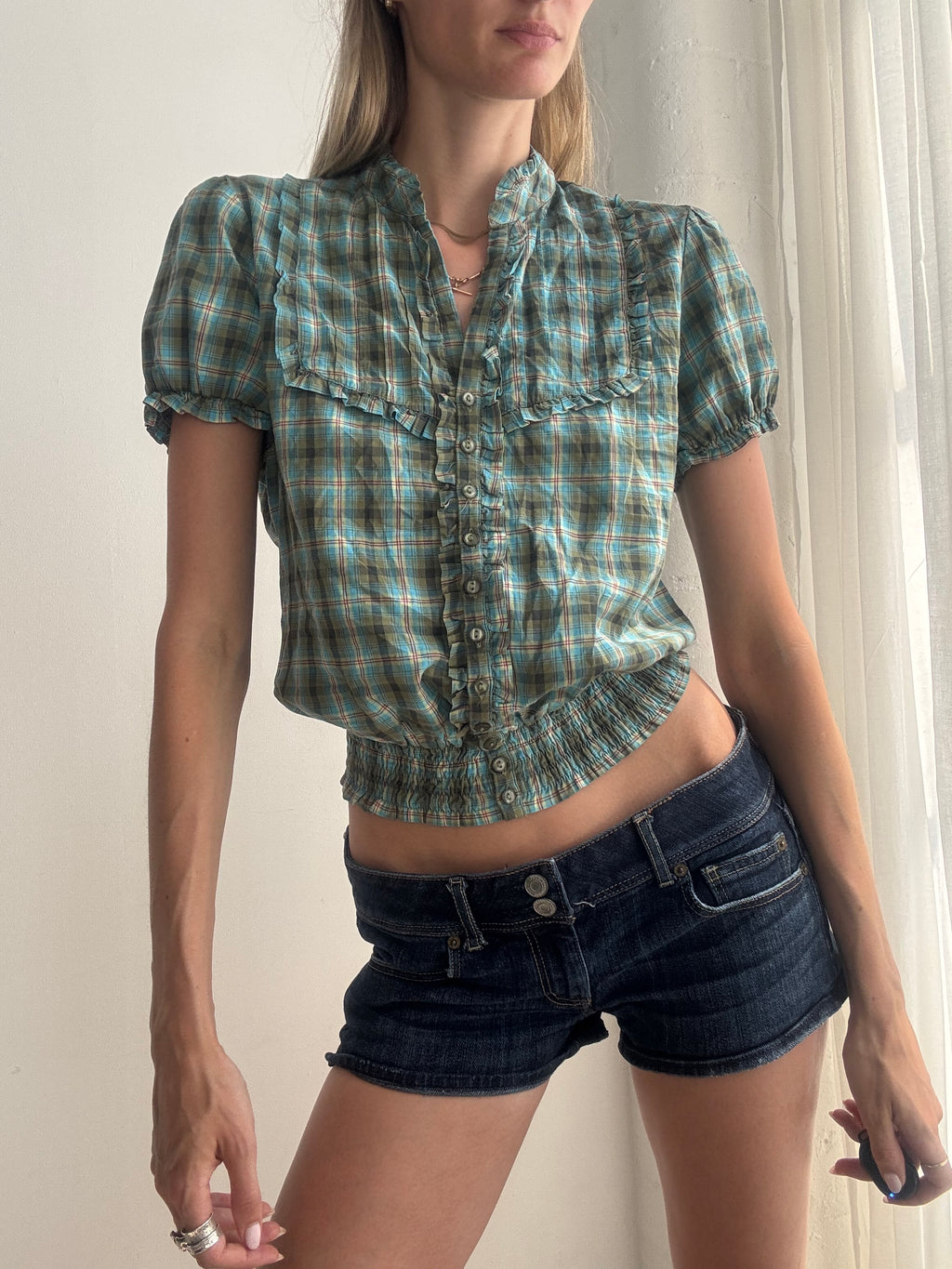 Vintage Y2K Plaid Puff Sleeve Crop Blouse - Size S