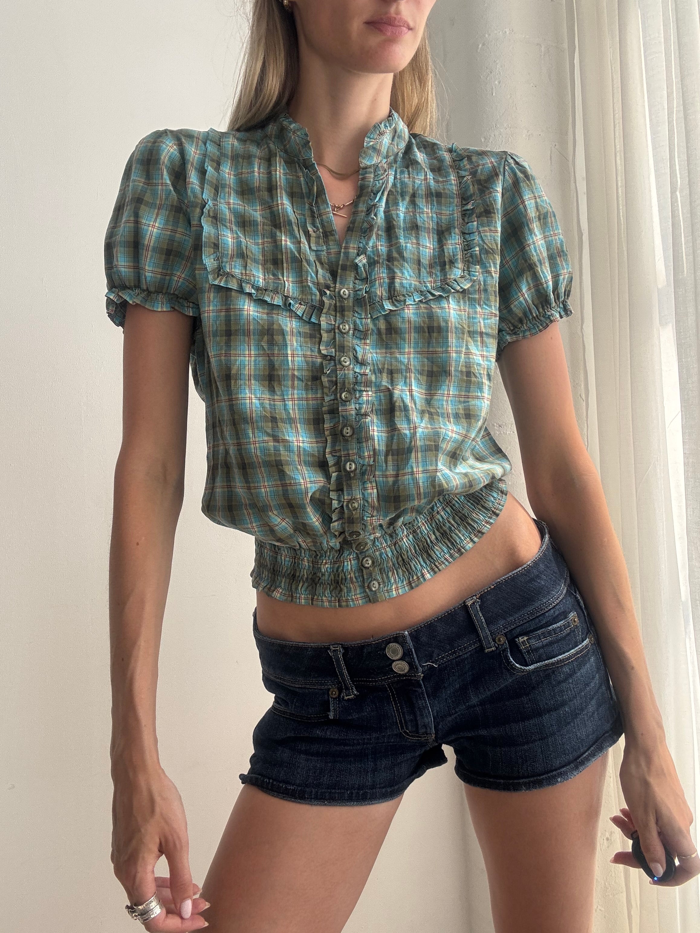 Vintage Y2K Plaid Puff Sleeve Crop Blouse - Size S