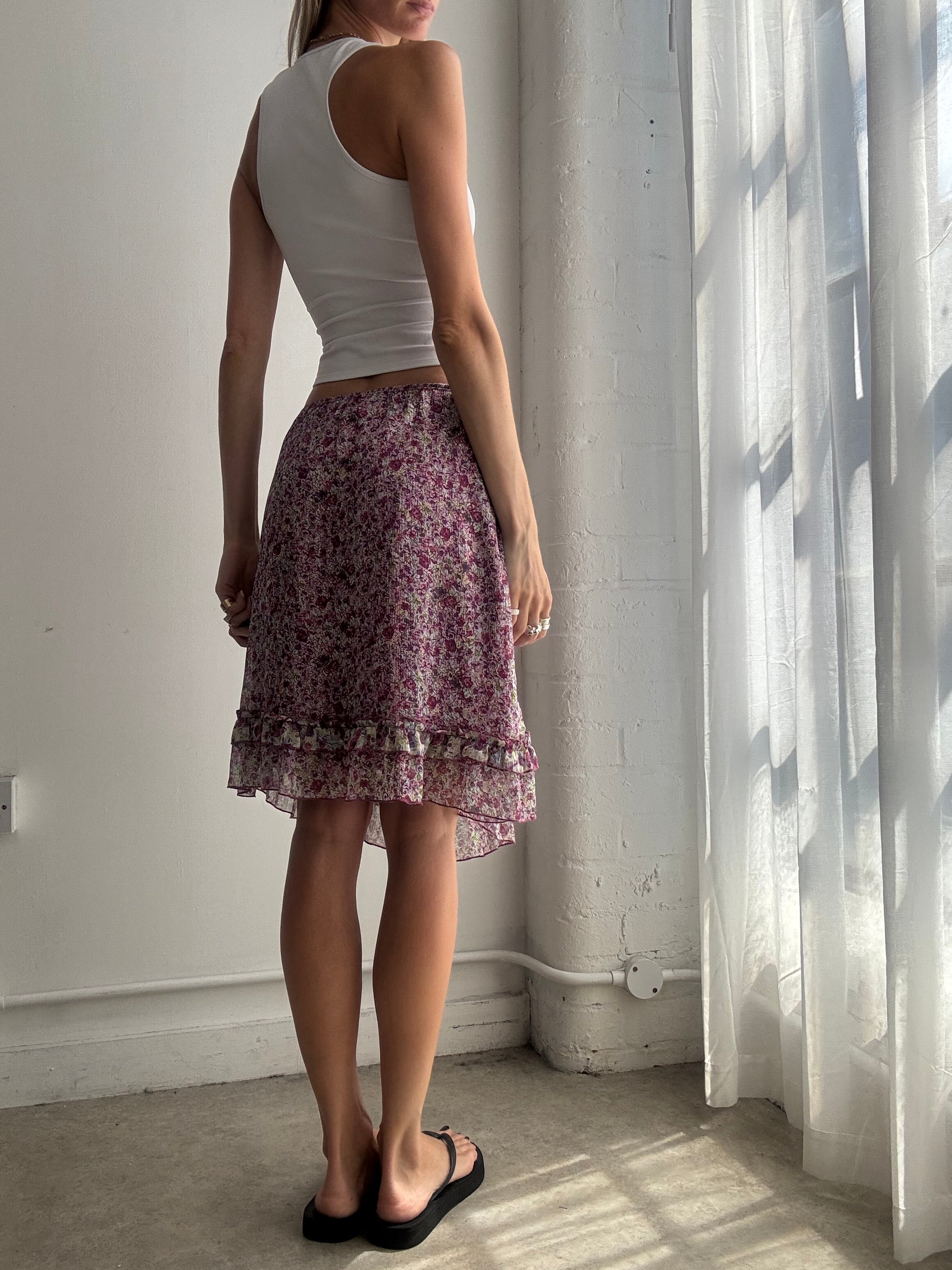 Vintage Floral Mesh Ruffle Midi Skirt Y2K - Size M