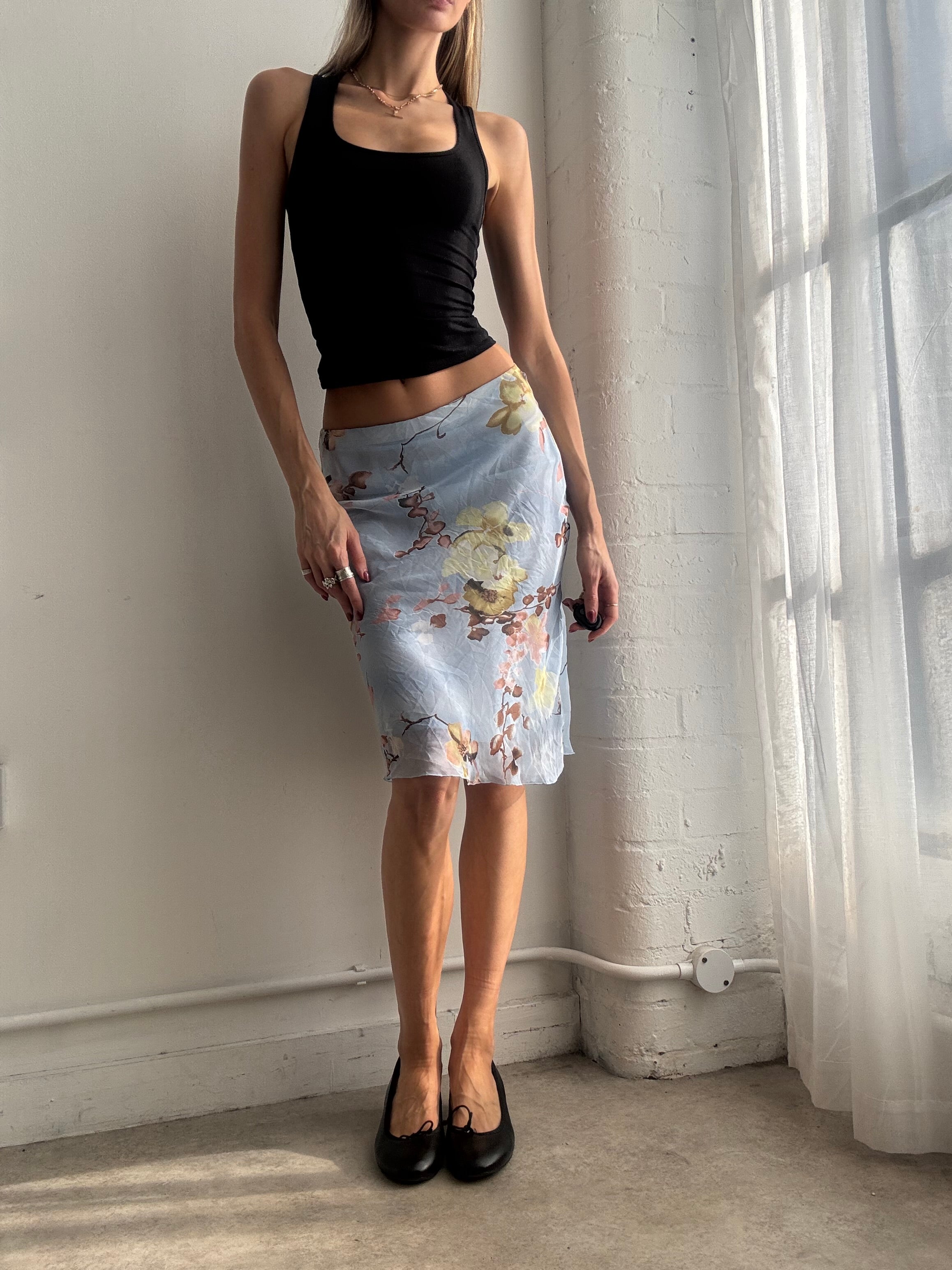 Vintage Y2K light blue floral mesh midi skirt