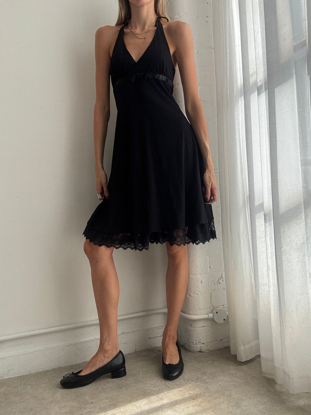 Vintage Y2K Black Lace Trim Halter Dress - Size XS/S