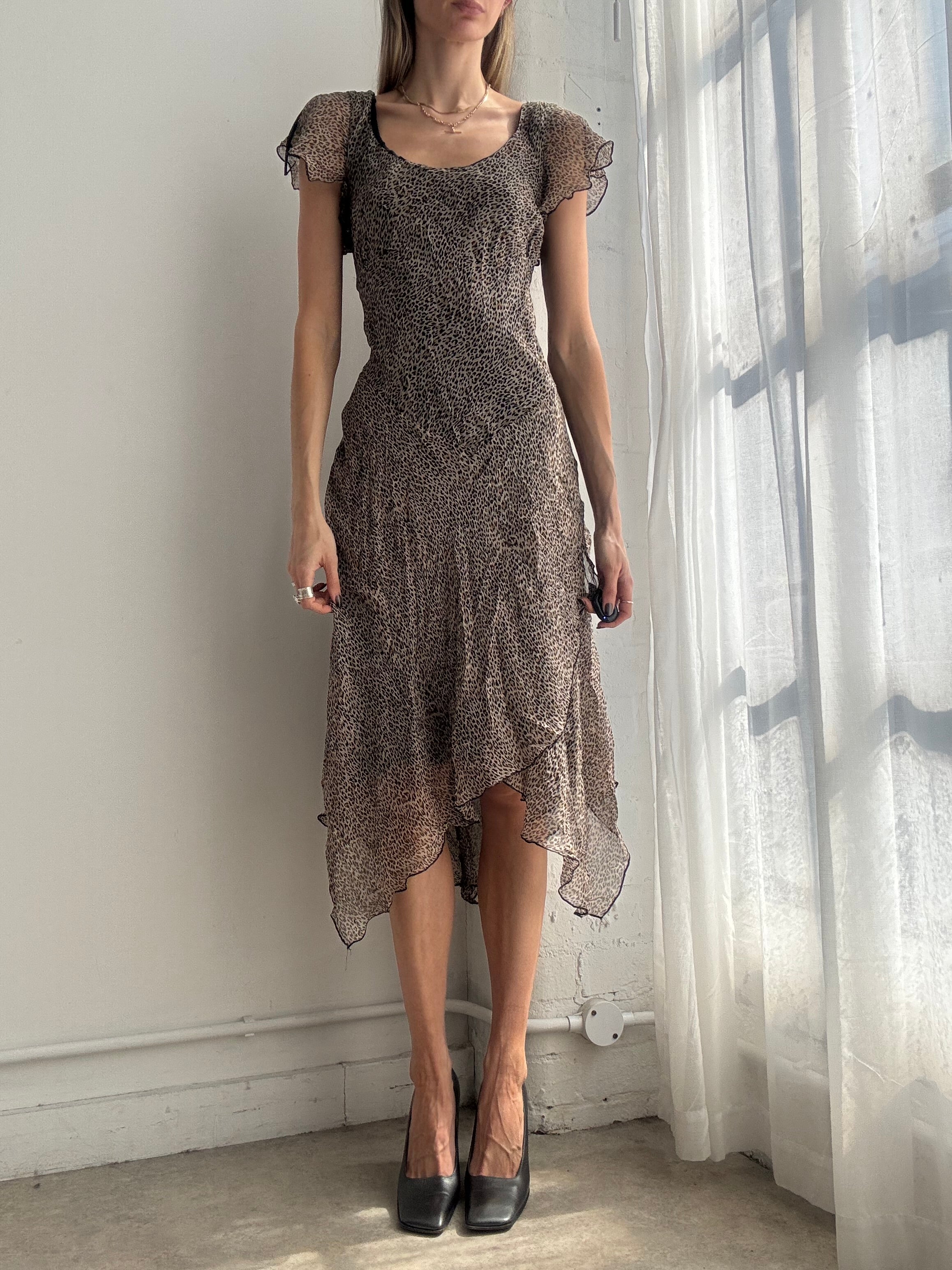 Vintage Y2K brown leopard print asymmetrical silk midi dress - Size M