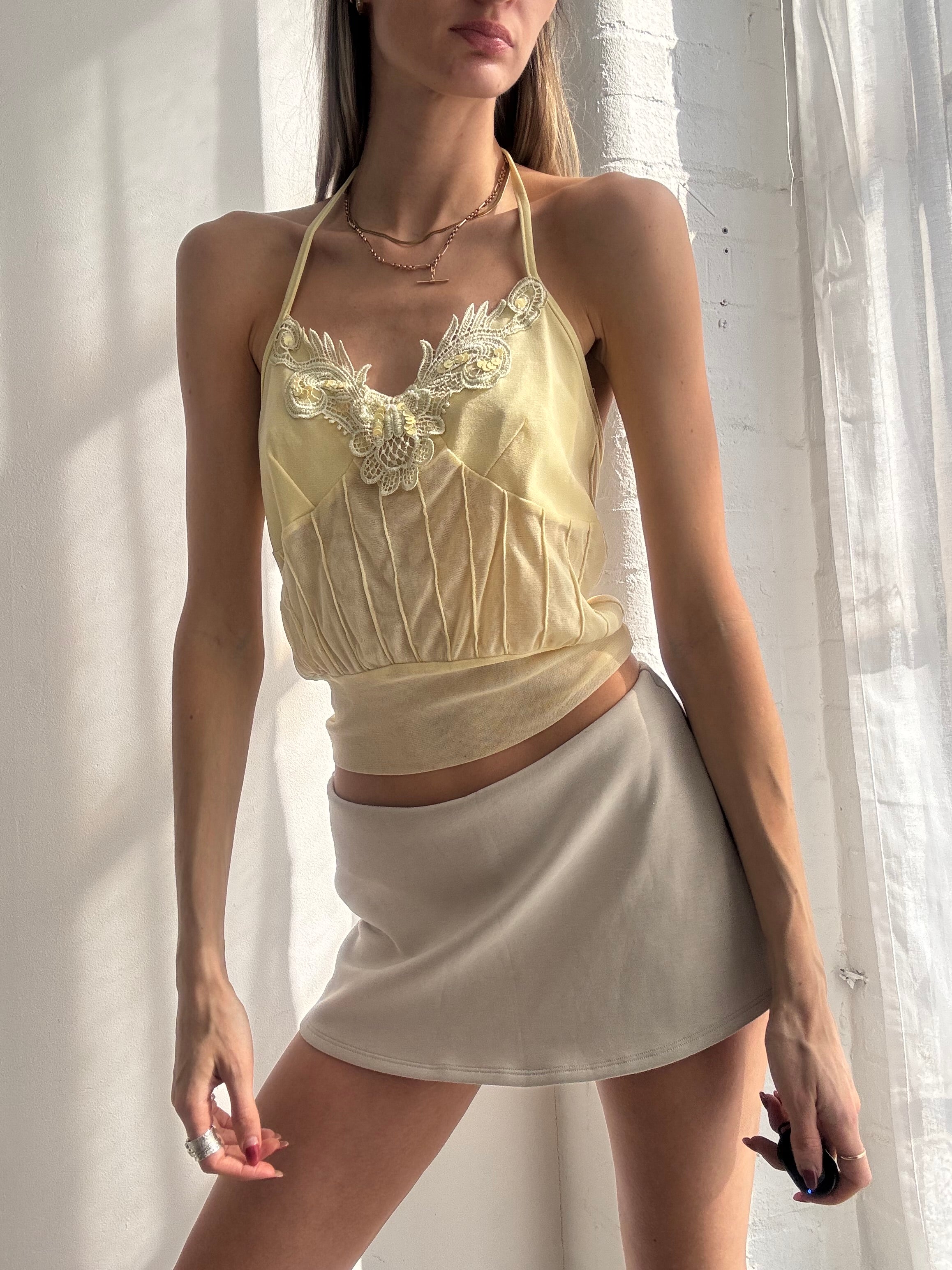 Vintage Y2K yellow lace trim halter corset cami