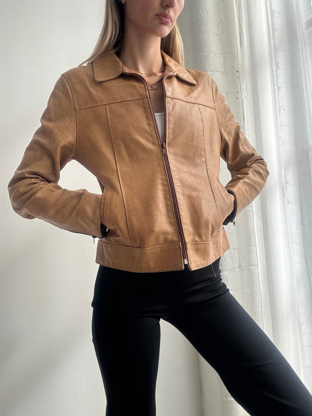 Vintage Y2K Tan Brown Leather Zip Up Jacket - Size S