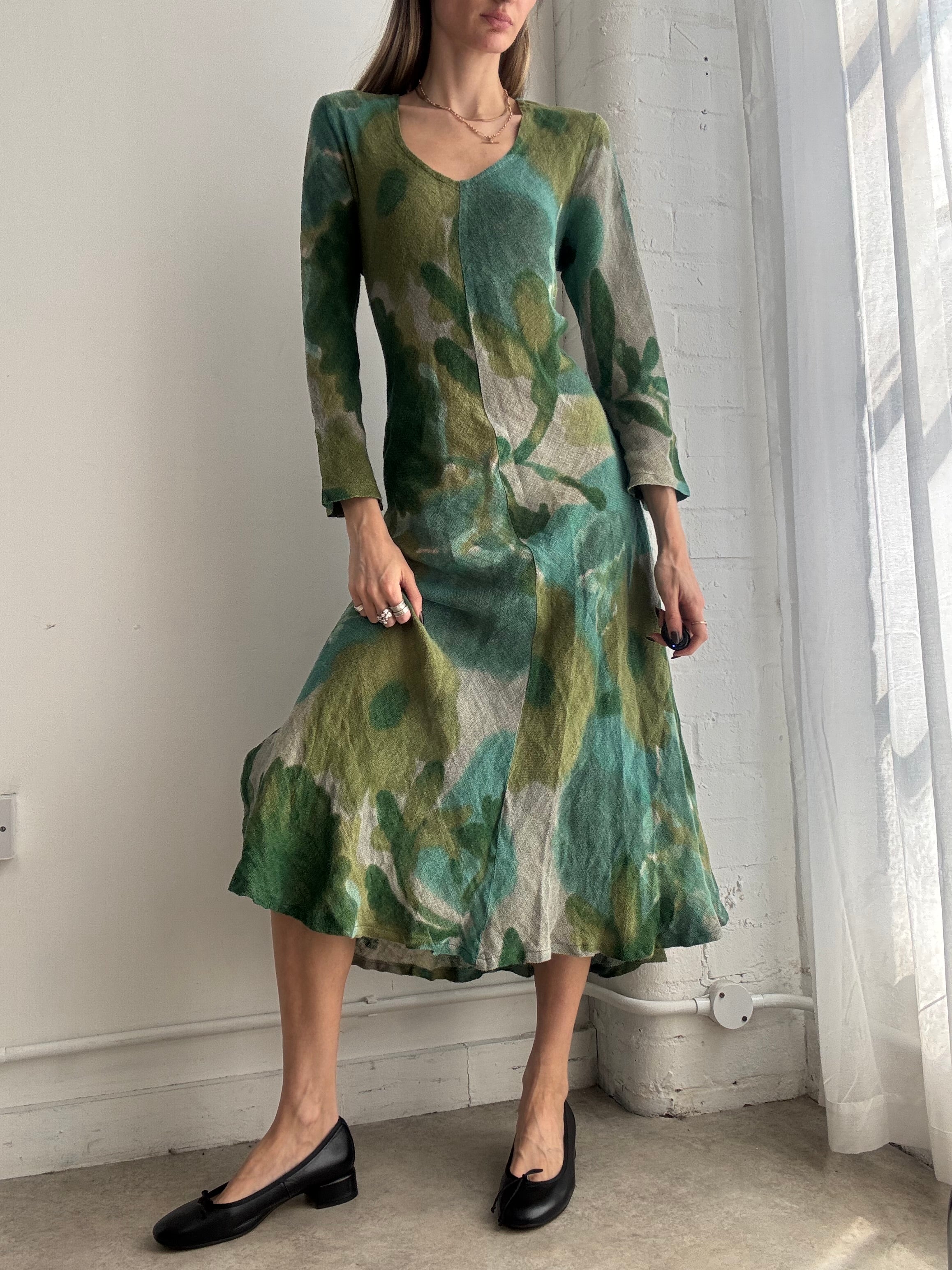 Vintage green linen abstract floral midi dress - Size M