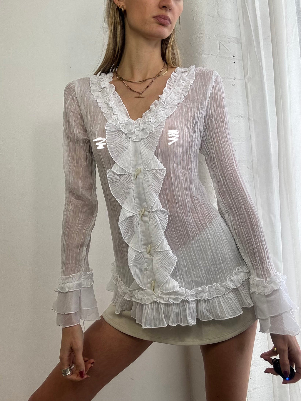 Vintage 90s white sheer ruffle blouse
