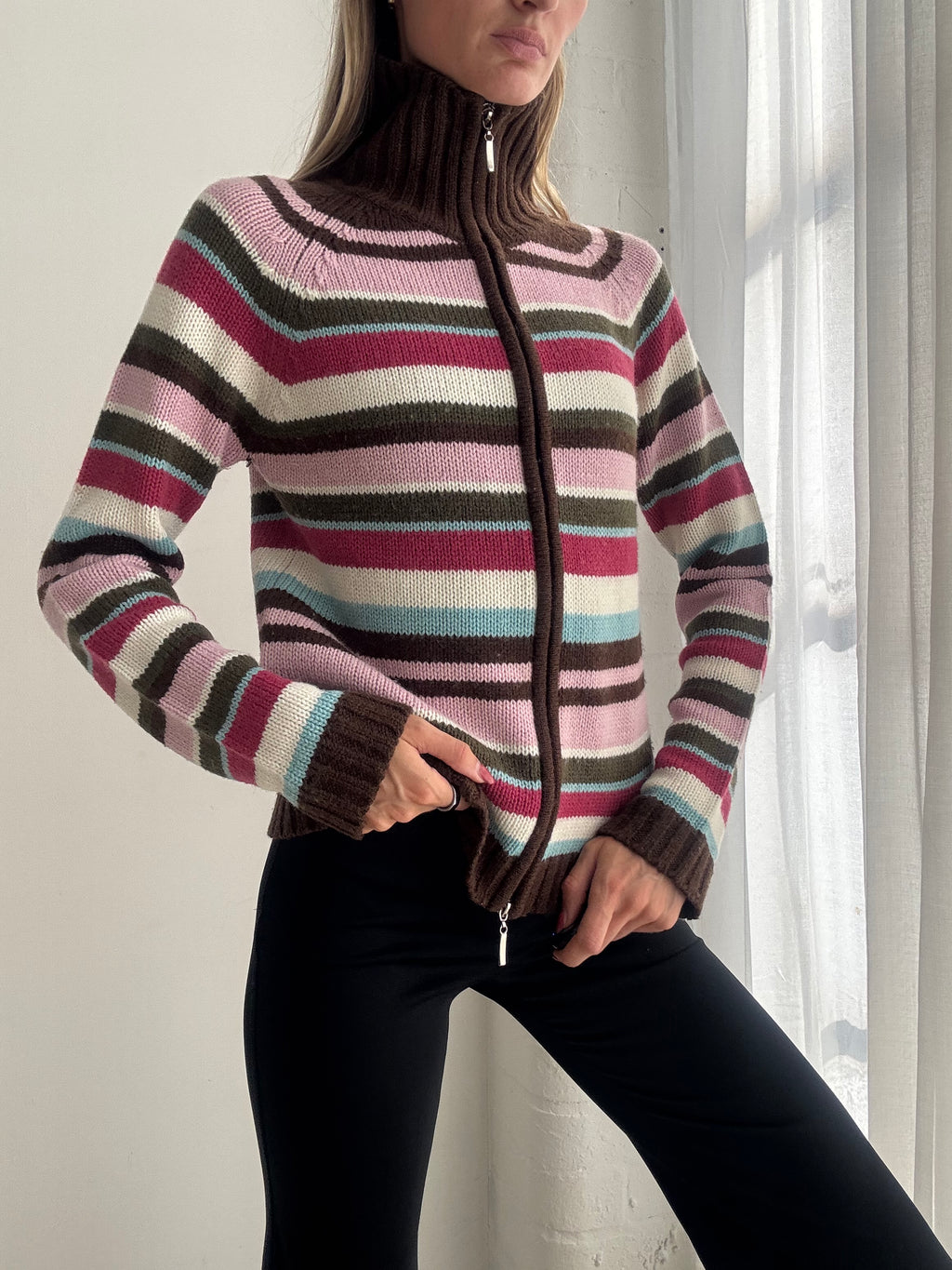 Vintage Y2K Pink & Brown Striped Zip Up Knit Cardigan - Size M