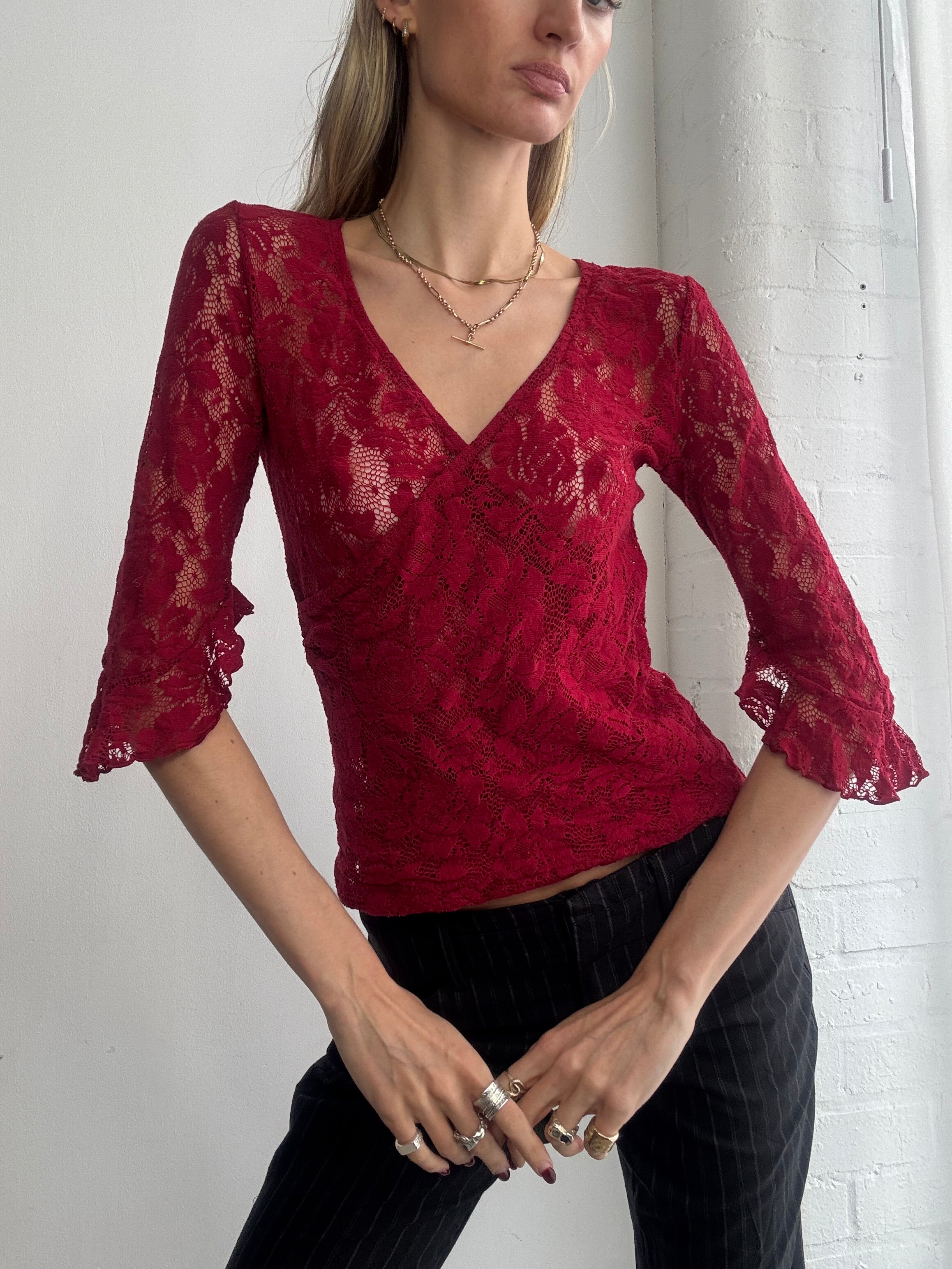 Vintage Y2K red lace ruffle top