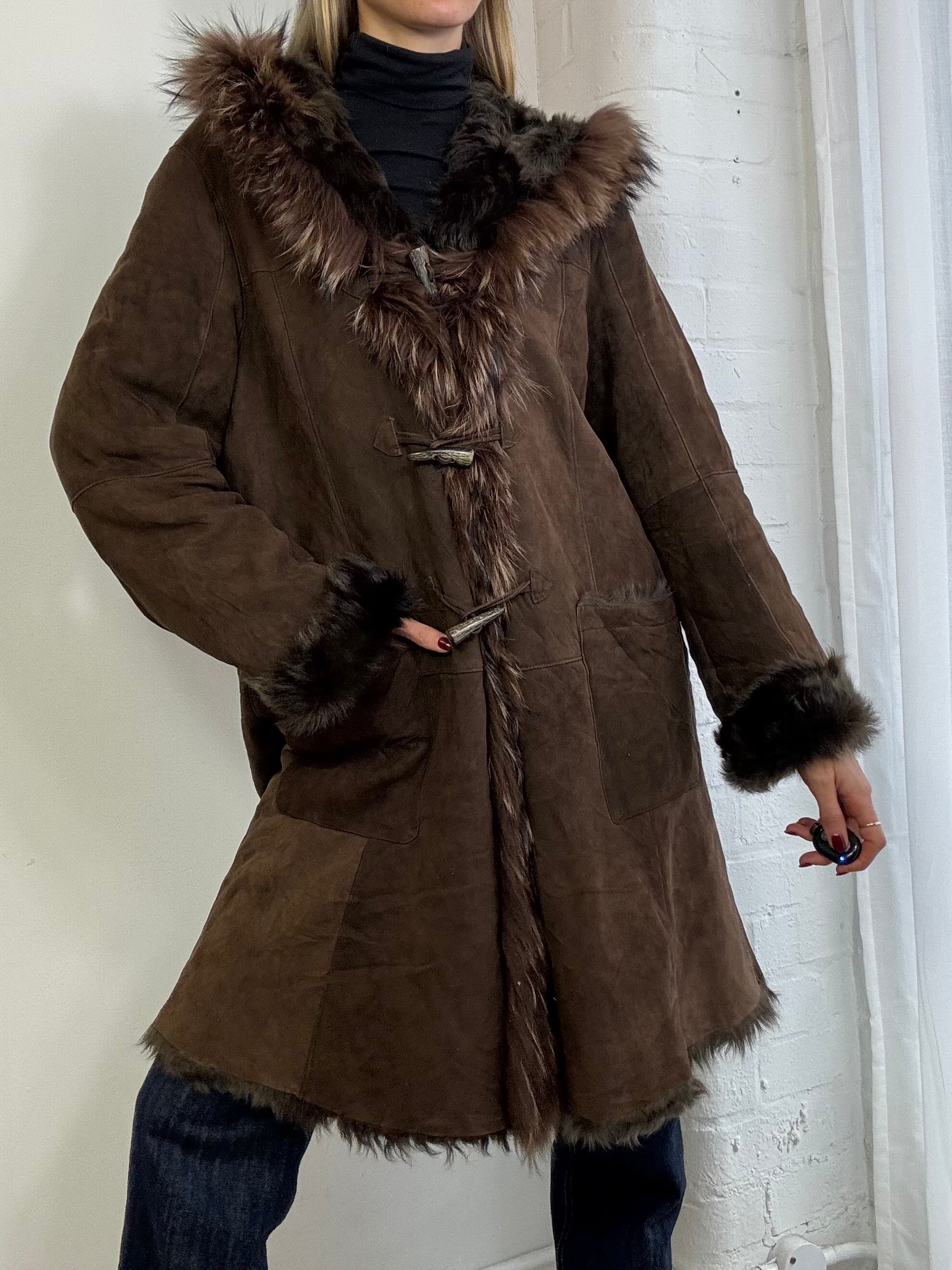 Vintage Y2K sheepskin hooded coat brown