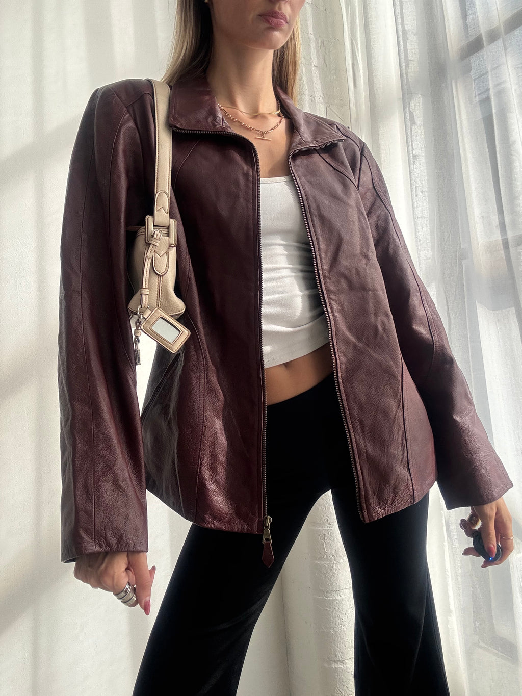Vintage Y2K Burgundy Leather Zip Up Jacket - Size L