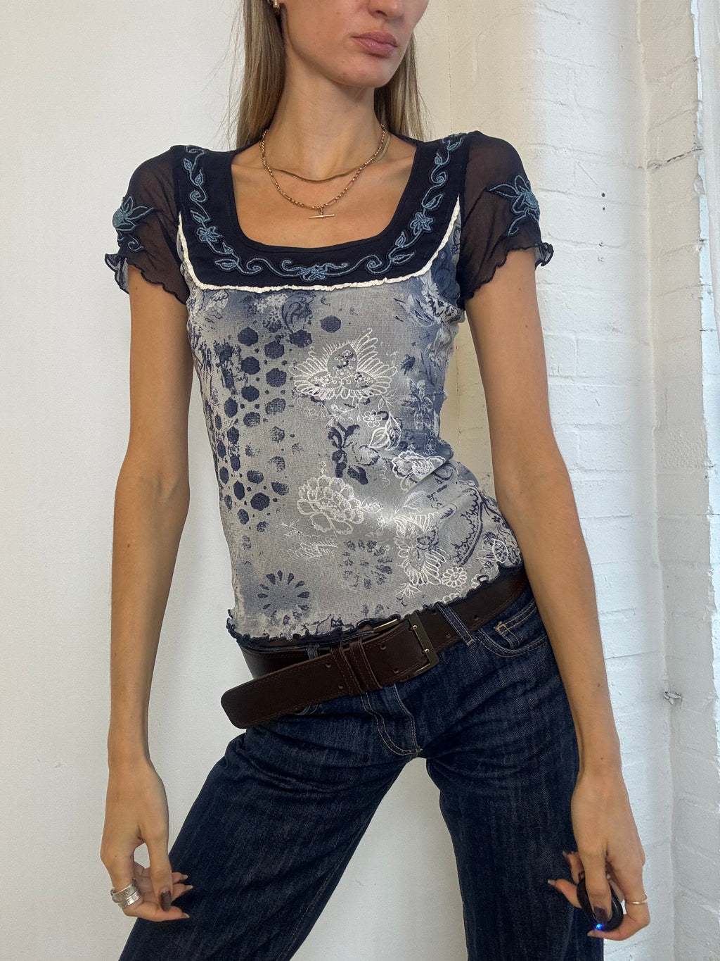 Vintage Y2K Sonia Fortuna Blue Floral Mesh Embroidered Top - Size S