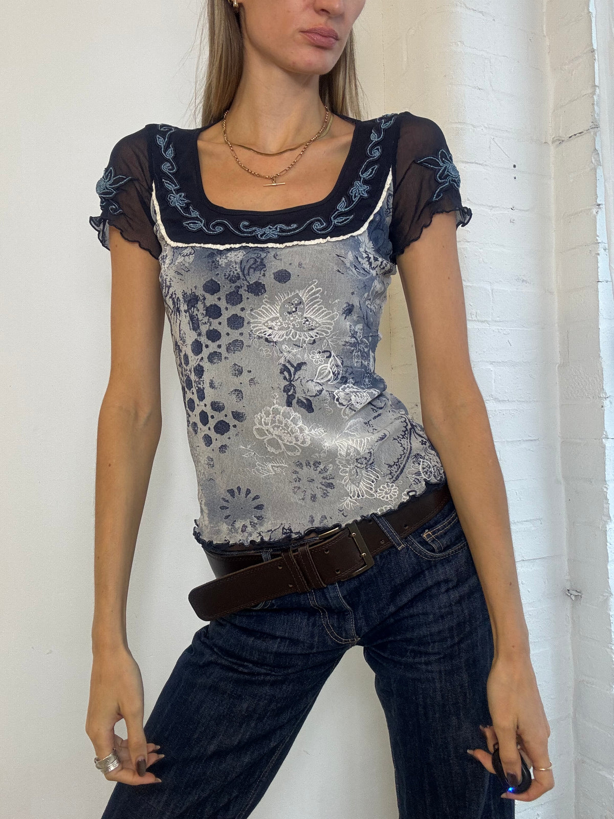 Vintage Y2K Sonia Fortuna Blue Floral Mesh Embroidered Top - Size S