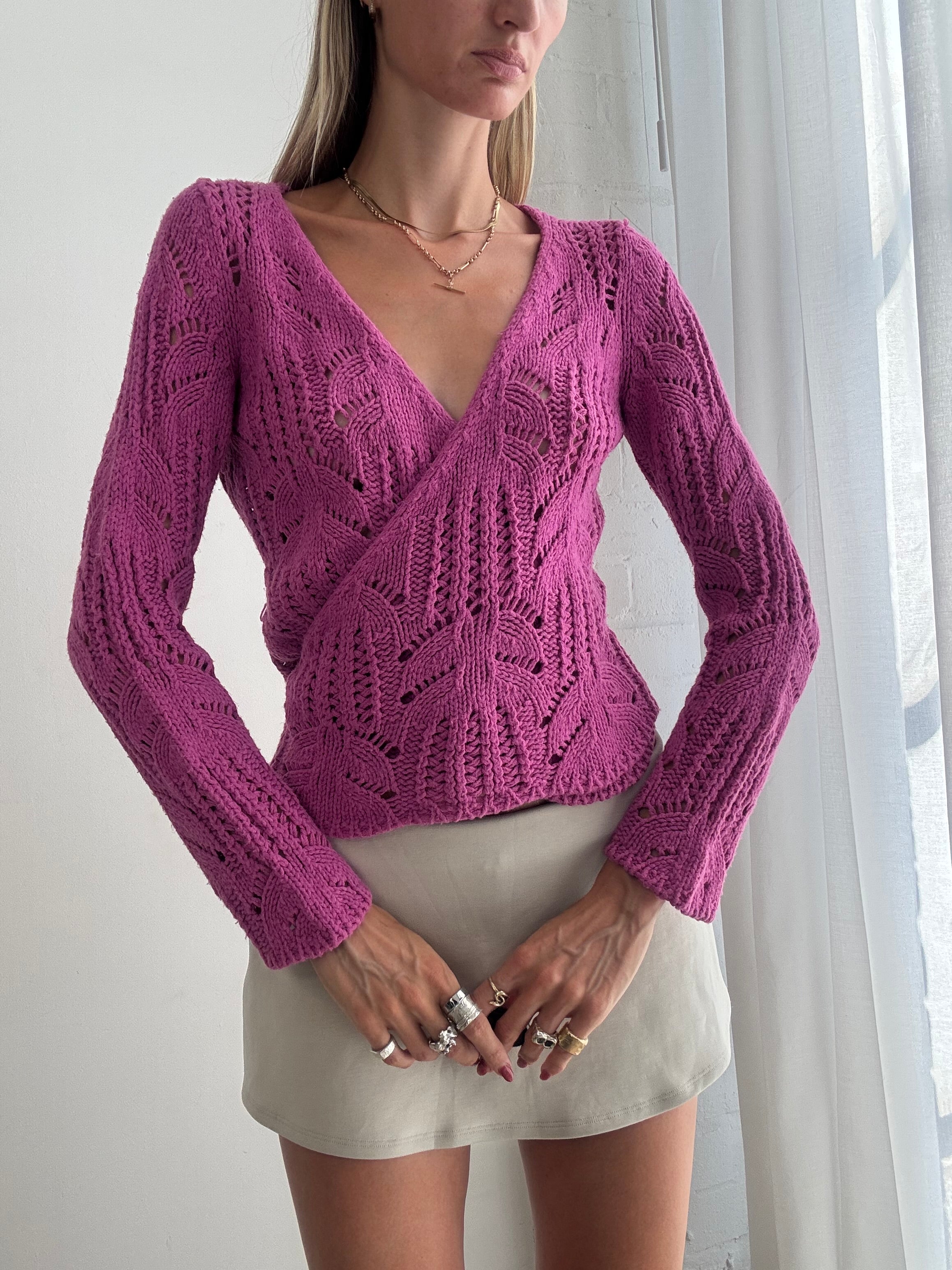 Vintage y2k Pink Crochet Wrap Knit Top Cardigan - Size XS/M