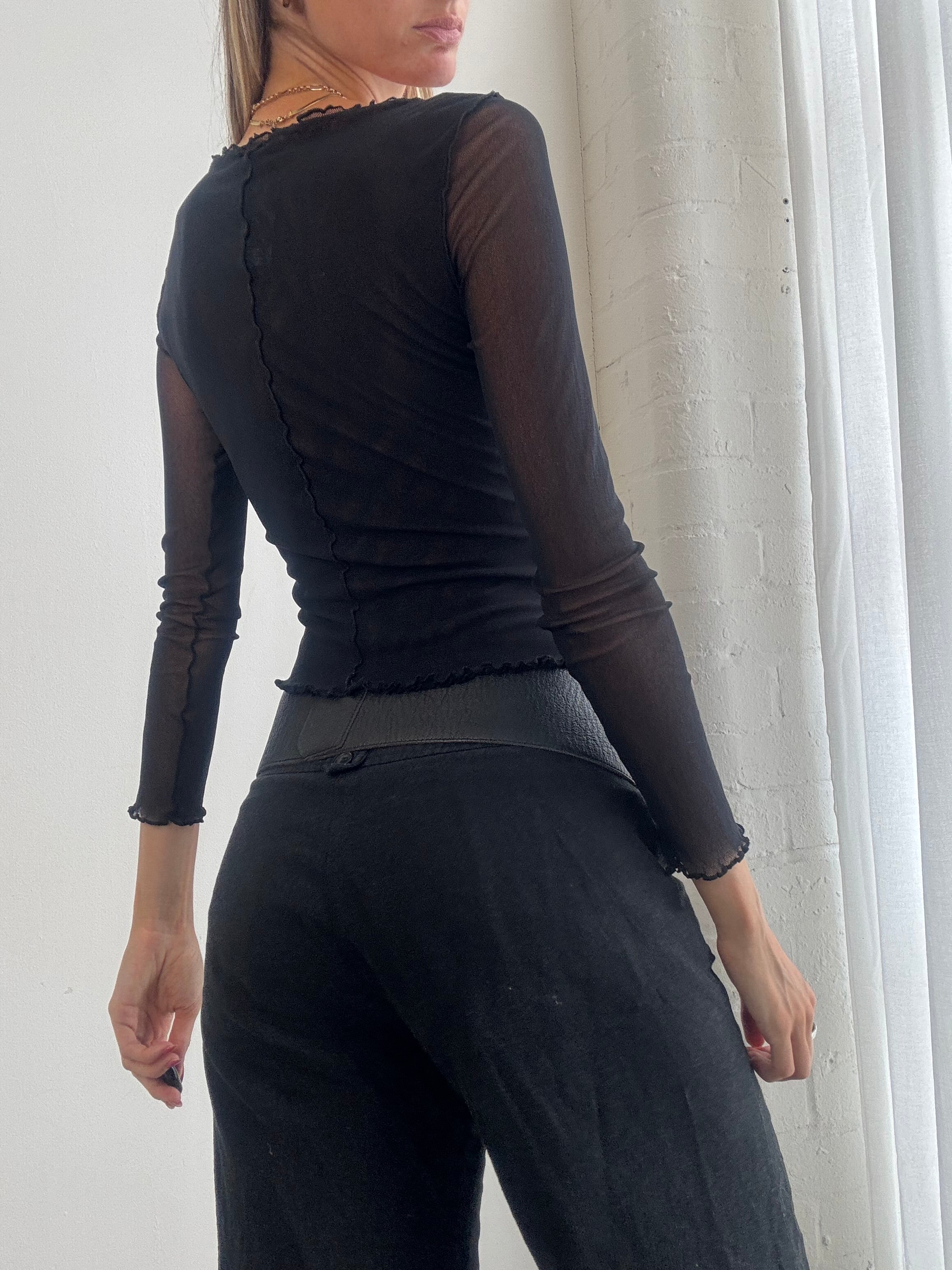 Vintage Y2K Black Sheer Mesh Ruffle Top – Size XS
