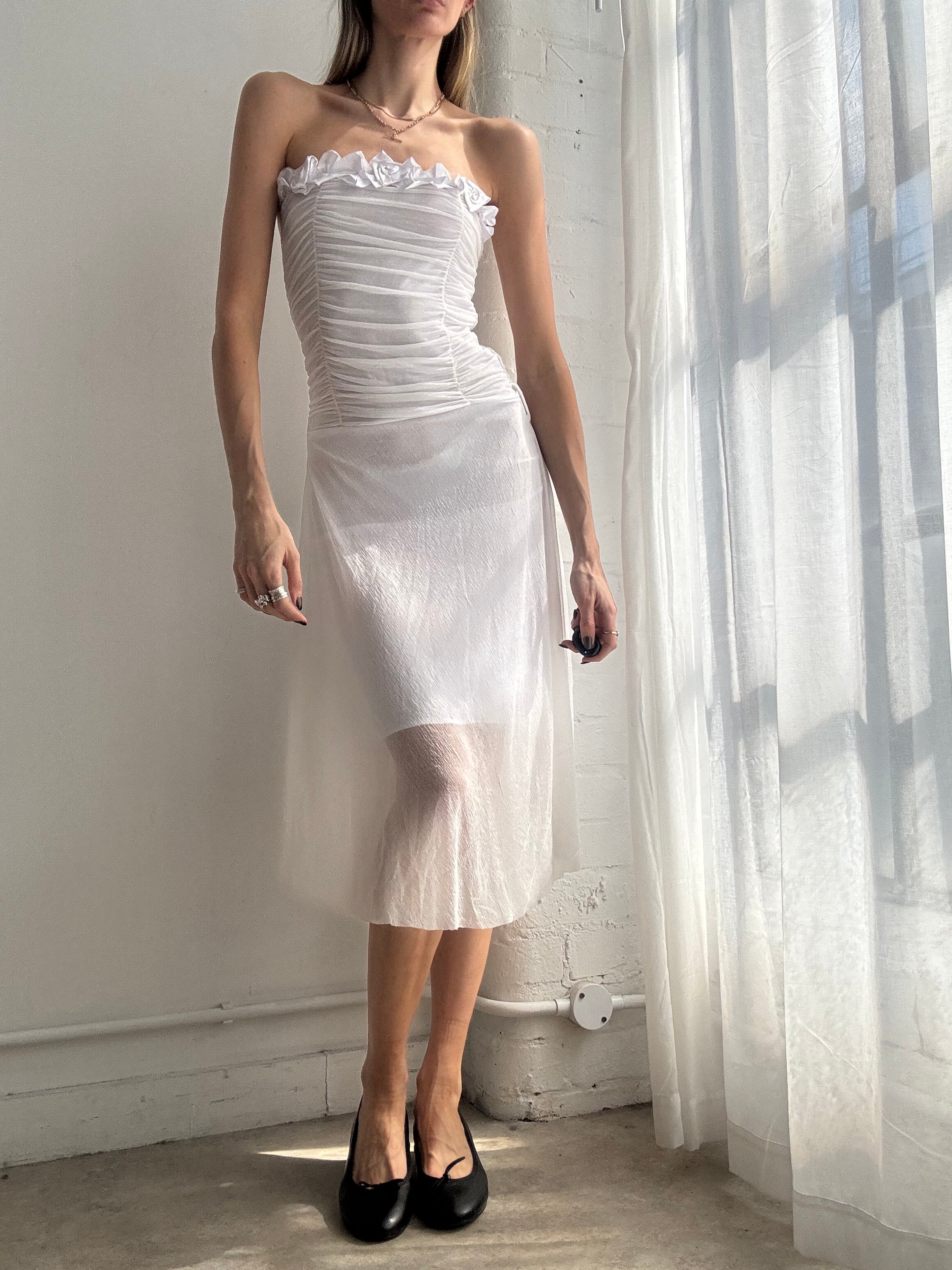 Vintage Y2K white ruched strapless mesh midi dress - Size XS