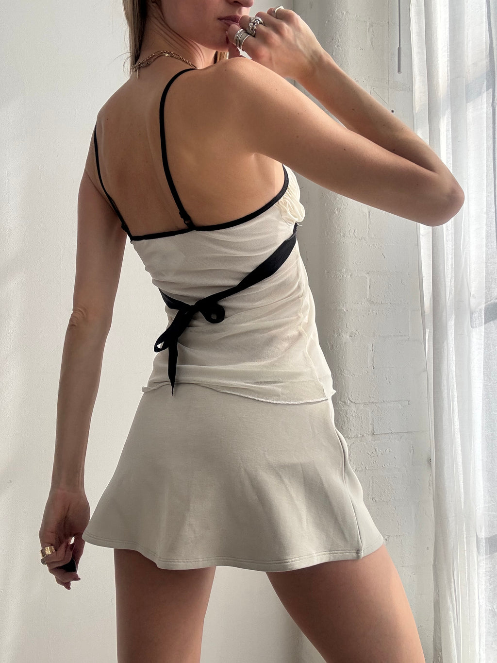 Vintage Y2K white & black lace trim cami top sequin