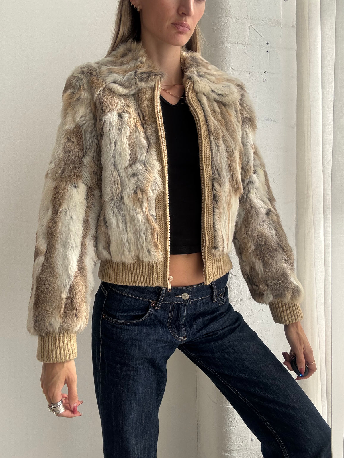 Vintage Y2K Beige Patchwork Fur Cropped Bomber Jacket - Size XS