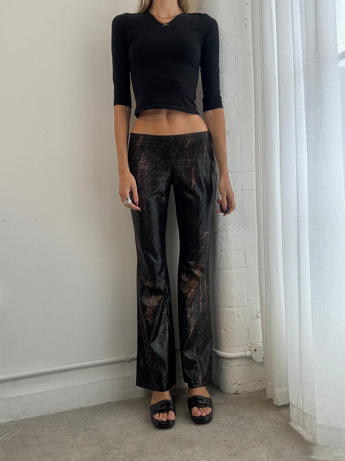 Vintage Y2K Brown Metallic Snake Print Low Rise Trousers - Size S