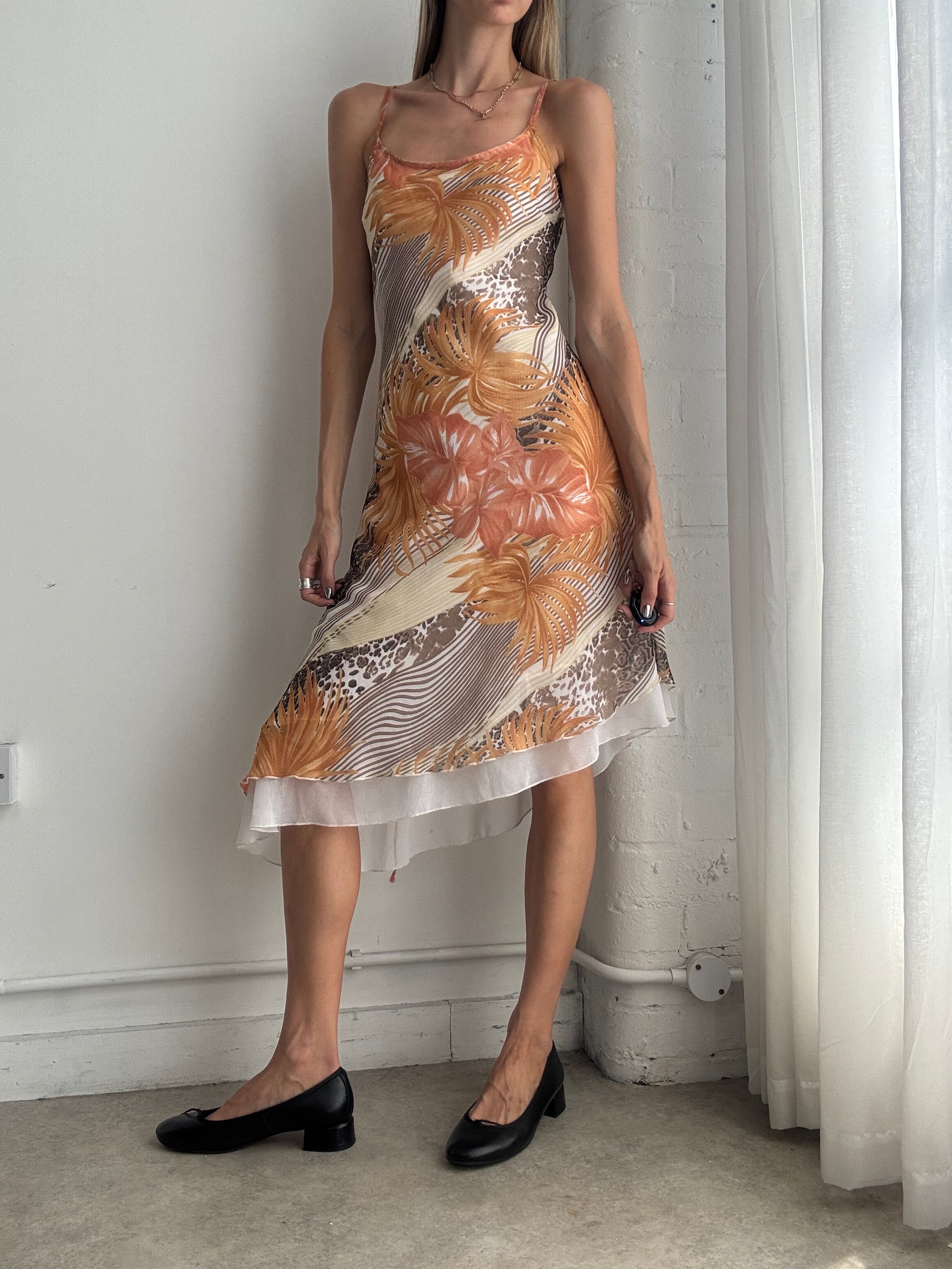 Vintage Y2K Orange Floral Asymmetric Slip Dress – Bias Cut Midi Summer Dress - Size S