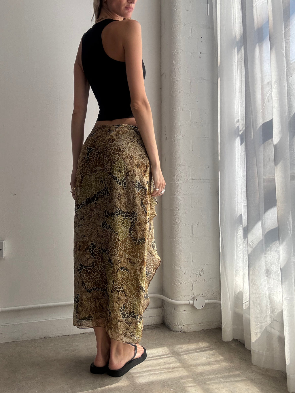Vintage Sheer Printed Green Maxi Skirt Y2K - Size XS/S