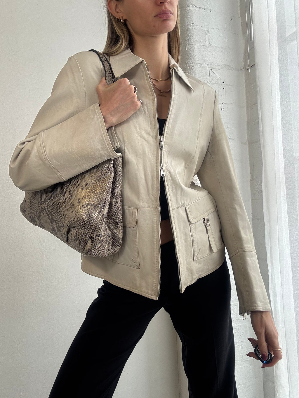 Vintage Y2K cream leather zip jacket